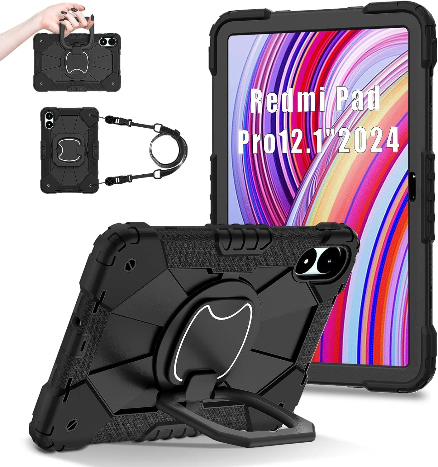 کیف حمل تبلت سازگار با شیائومی ردمی پد پرو 12.1 اینچ / پوکو پد 12.1 اینچ، کیف مقاوم در برابر ضربه، پوشش محافظ با پایه چرخان 360 درجه + بند دستی + بند شانه تبلت کیف حمل تبلت سازگار با شیائومی ردمی پد پرو 12.1 اینچ / پوکو پد 12.1 اینچ، کیف مقاوم در برابر ضربه، پوشش محافظ با پایه چرخان 360 درجه + بند دستی + بند شانه تبلت