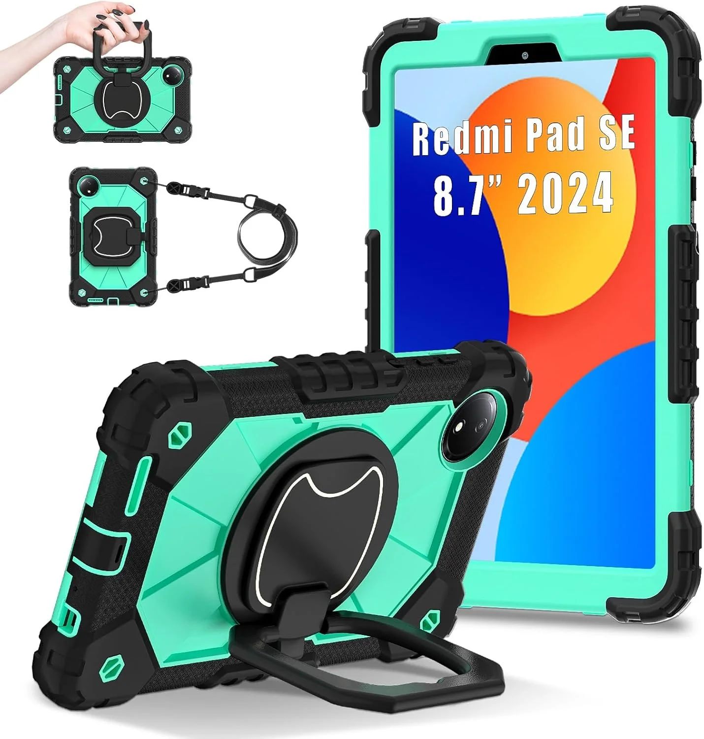 کیف محافظ تبلت سازگار با شیائومی Redmi Pad SE 8.7 / Redmi Pad SE 4G عرضه شده در سال 2024، کاور مقاوم در برابر ضربه، قاب محافظ با پایه چرخان 360 درجه + بند دستی + بند شانه، مناسب برای استفاده در منزل (مشکی نعنایی) کیف محافظ تبلت سازگار با شیائومی Redmi Pad SE 8.7 / Redmi Pad SE 4G عرضه شده در سال 2024، کاور مقاوم در برابر ضربه، قاب محافظ با پایه چرخان 360 درجه + بند دستی + بند شانه، مناسب برای استفاده در منزل (مشکی نعنایی)