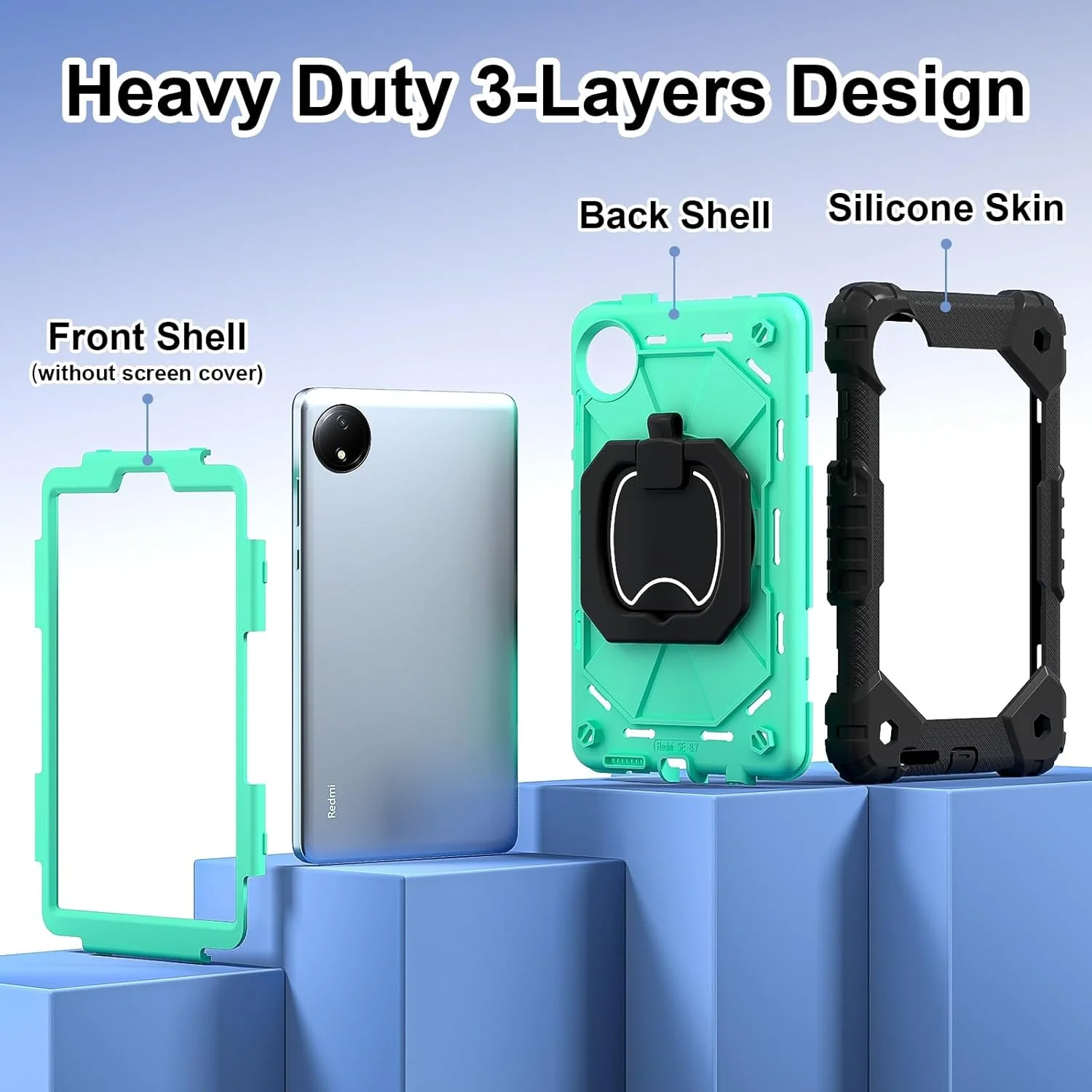 کیف محافظ تبلت سازگار با شیائومی Redmi Pad SE 8.7 / Redmi Pad SE 4G عرضه شده در سال 2024، کاور مقاوم در برابر ضربه، قاب محافظ با پایه چرخان 360 درجه + بند دستی + بند شانه، مناسب برای استفاده در منزل (مشکی نعنایی)