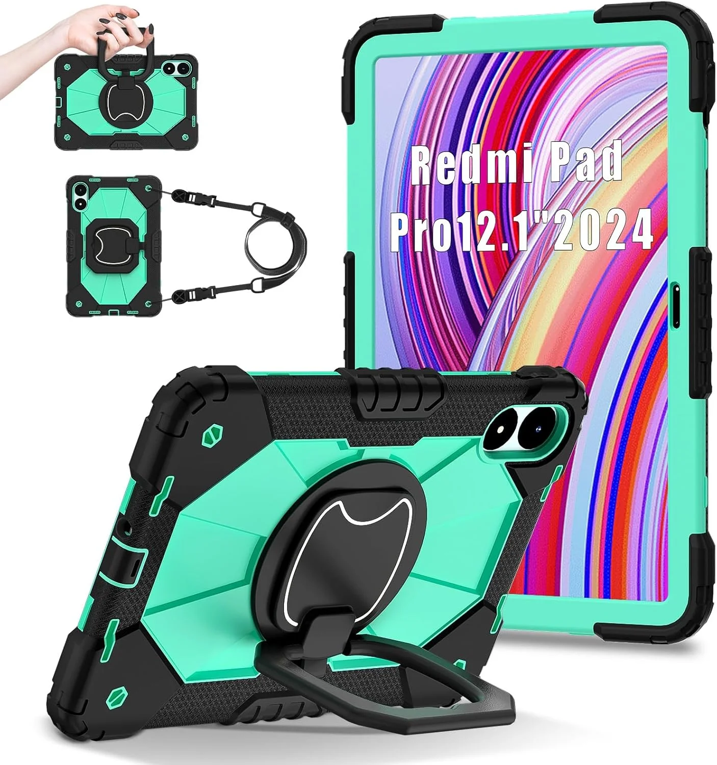 کیف محافظ تبلت سازگار با شیائومی Redmi Pad Pro 12.1 اینچ/Poco Pad 12.1 اینچ، کاور مقاوم در برابر ضربه، کاور محافظ با پایه چرخان 360 درجه + بند دستی + بند شانه، مناسب برای تبلت در خانه (مشکی سبز نعنایی) کیف محافظ تبلت سازگار با شیائومی Redmi Pad Pro 12.1 اینچ/Poco Pad 12.1 اینچ، کاور مقاوم در برابر ضربه، کاور محافظ با پایه چرخان 360 درجه + بند دستی + بند شانه، مناسب برای تبلت در خانه (مشکی سبز نعنایی)