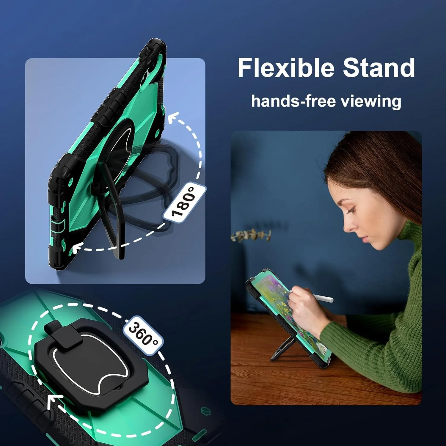 کیف محافظ تبلت سازگار با شیائومی Redmi Pad Pro 12.1 اینچ/Poco Pad 12.1 اینچ، کاور مقاوم در برابر ضربه، کاور محافظ با پایه چرخان 360 درجه + بند دستی + بند شانه، مناسب برای تبلت در خانه (مشکی سبز نعنایی)