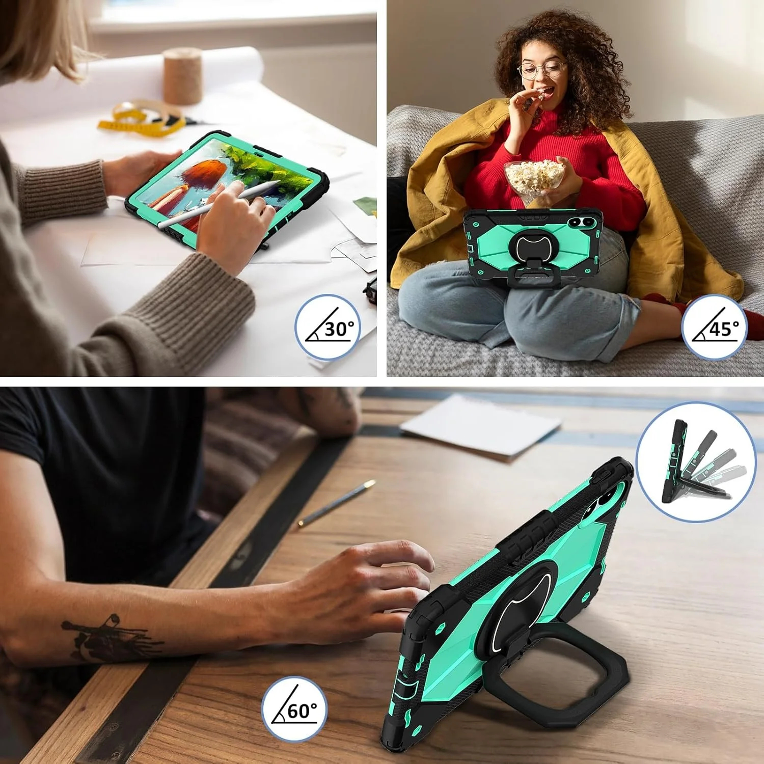 کیف محافظ تبلت سازگار با شیائومی Redmi Pad Pro 12.1 اینچ/Poco Pad 12.1 اینچ، کاور مقاوم در برابر ضربه، کاور محافظ با پایه چرخان 360 درجه + بند دستی + بند شانه، مناسب برای تبلت در خانه (مشکی سبز نعنایی)