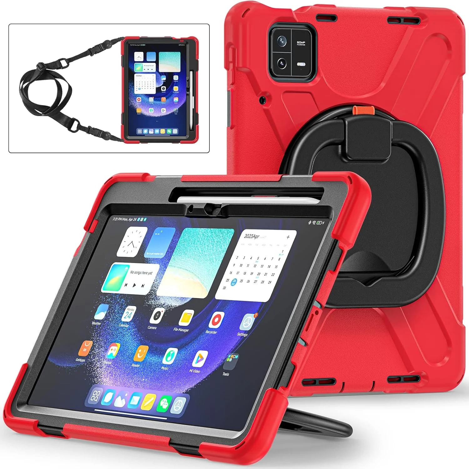 کیف تبلت 11 اینچی UFinetech Xiaomi Mi Pad 6/ Mi Pad 6 Pro - کاور مقاوم در برابر ضربه، بند چرخشی 360 درجه، پایه تاشو، دسته ضد لغزش، بند شانه قابل تنظیم، جای قلم - قرمز