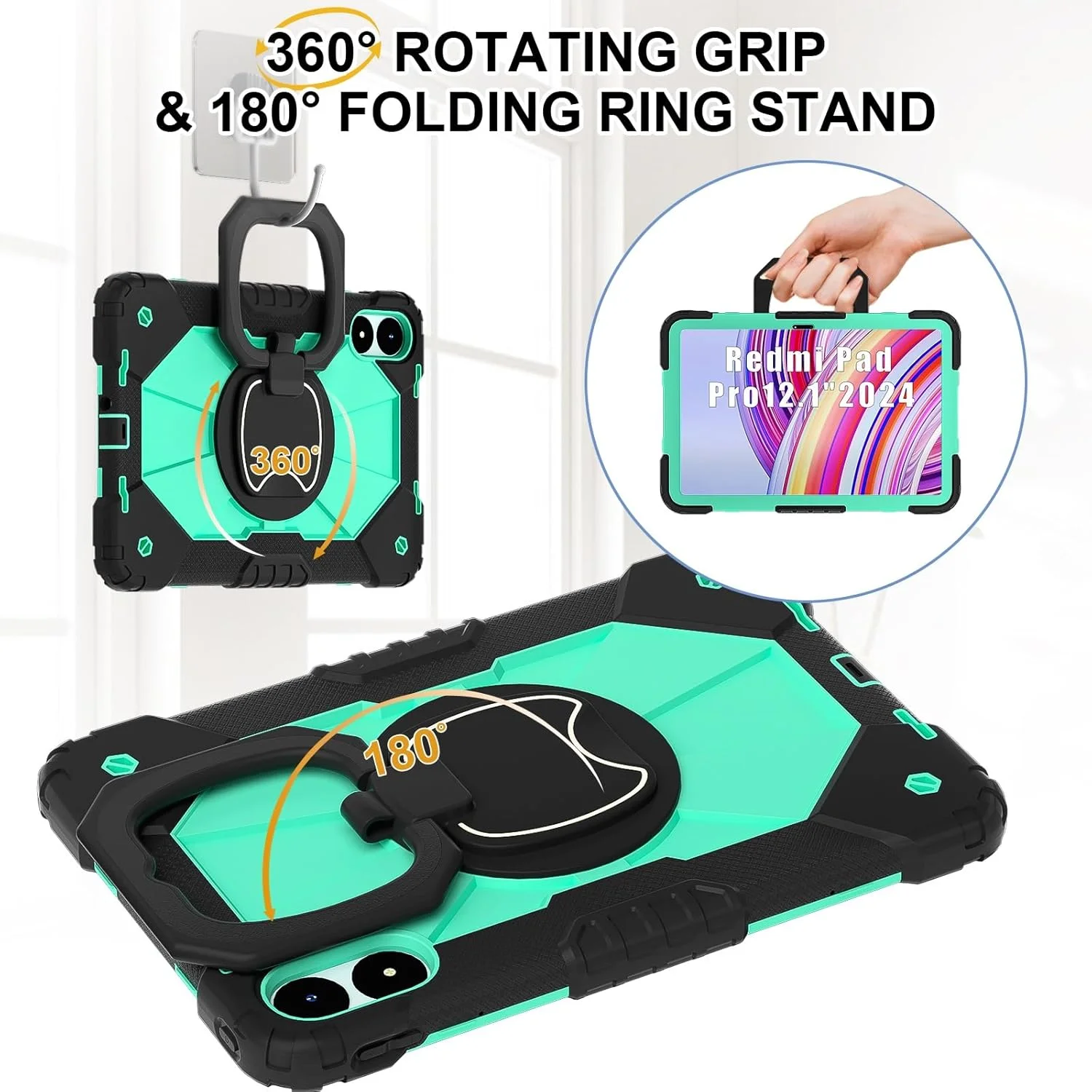 کیف محافظ تبلت سازگار با شیائومی Redmi Pad Pro 12.1 اینچ/Poco Pad 12.1 اینچ، کاور مقاوم در برابر ضربه، کاور محافظ با پایه چرخان 360 درجه + بند دستی + بند شانه، مناسب برای تبلت در خانه (مشکی سبز نعنایی)