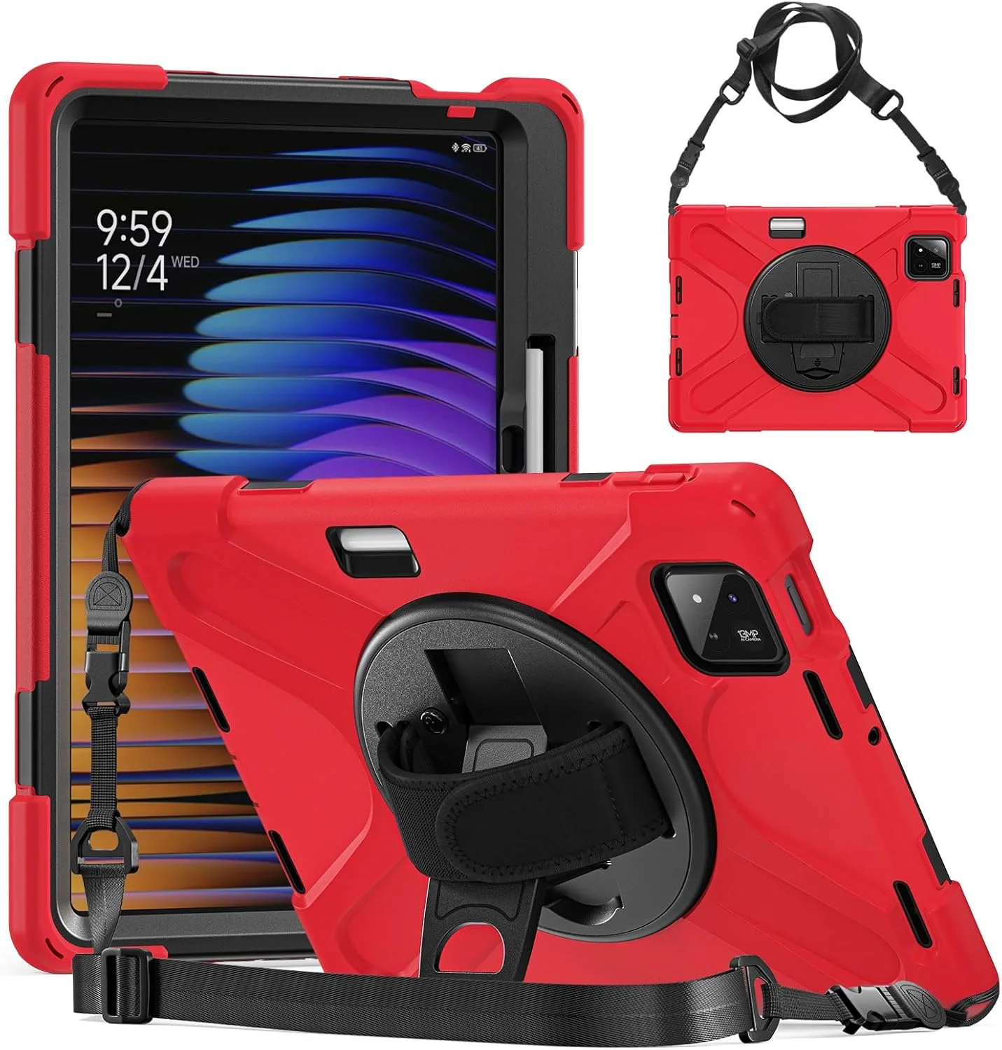 کاور تبلت Gruattreay سازگار با شیائومی پد 7/پد 7 پرو 11.2 اینچ 2024، کاور سیلیکونی EVA ضد ضربه و ضد افتادن با بند شانه و جای قلم، پایه چرخان 360 درجه (قرمز)