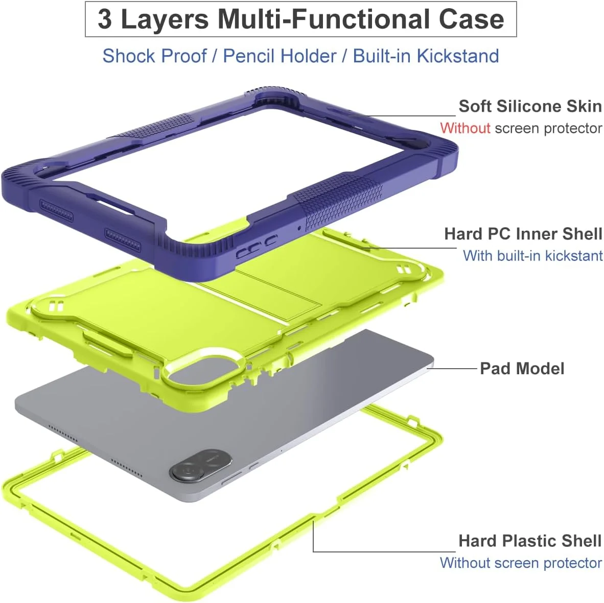 کاور تبلت شیائومی Redmi Pad Pro 5G مدل CasurvivePro با پایه نگهدارنده، مقاوم در برابر ضربه، سخت و هایبرید (زرد سبز + سرمه ای)