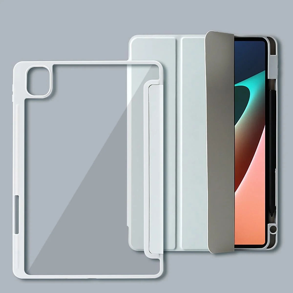 کیف تبلت تاشو هوشمند سازگار با شیائومی پد 6 مکس 14 اینچ 2023، دارای جای قلم، قاب پشتی شفاف، باریک، مقاوم در برابر ضربه، پوشش TPU، محافظت از خواب/بیداری خودکار (خاکستری)