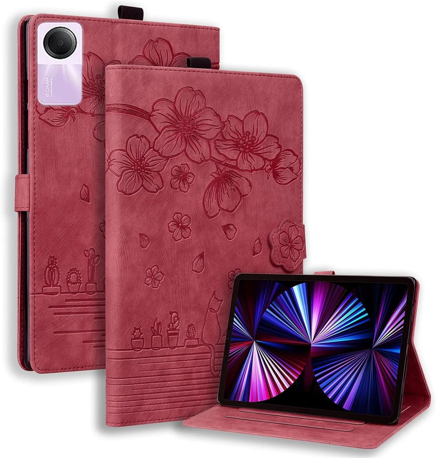 کیف تبلت SLLMYYX سازگار با شیائومی Redmi Pad SE 11.0 اینچ نسخه 2023، جلد هوشمند چرمی طرح گربه شکوفه گیلاس (قرمز)