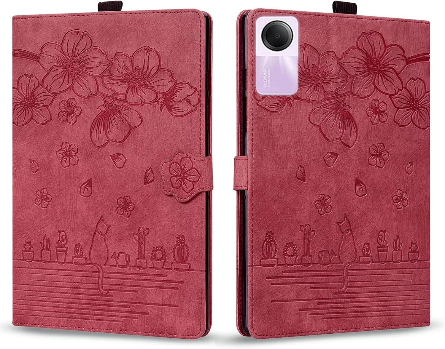 کیف تبلت SLLMYYX سازگار با شیائومی Redmi Pad SE 11.0 اینچ نسخه 2023، جلد هوشمند چرمی طرح گربه شکوفه گیلاس (قرمز)