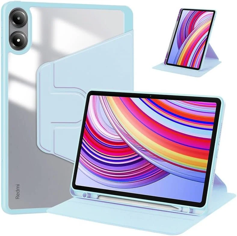 کاور تبلت Gruattreay سازگار با شیائومی Redmi Pad Pro 12.1 اینچ، کاور شفاف با عملکرد Hibernate و استند قابل تنظیم، پوشش کامل PU + PC محافظت در برابر سقوط (آبی)