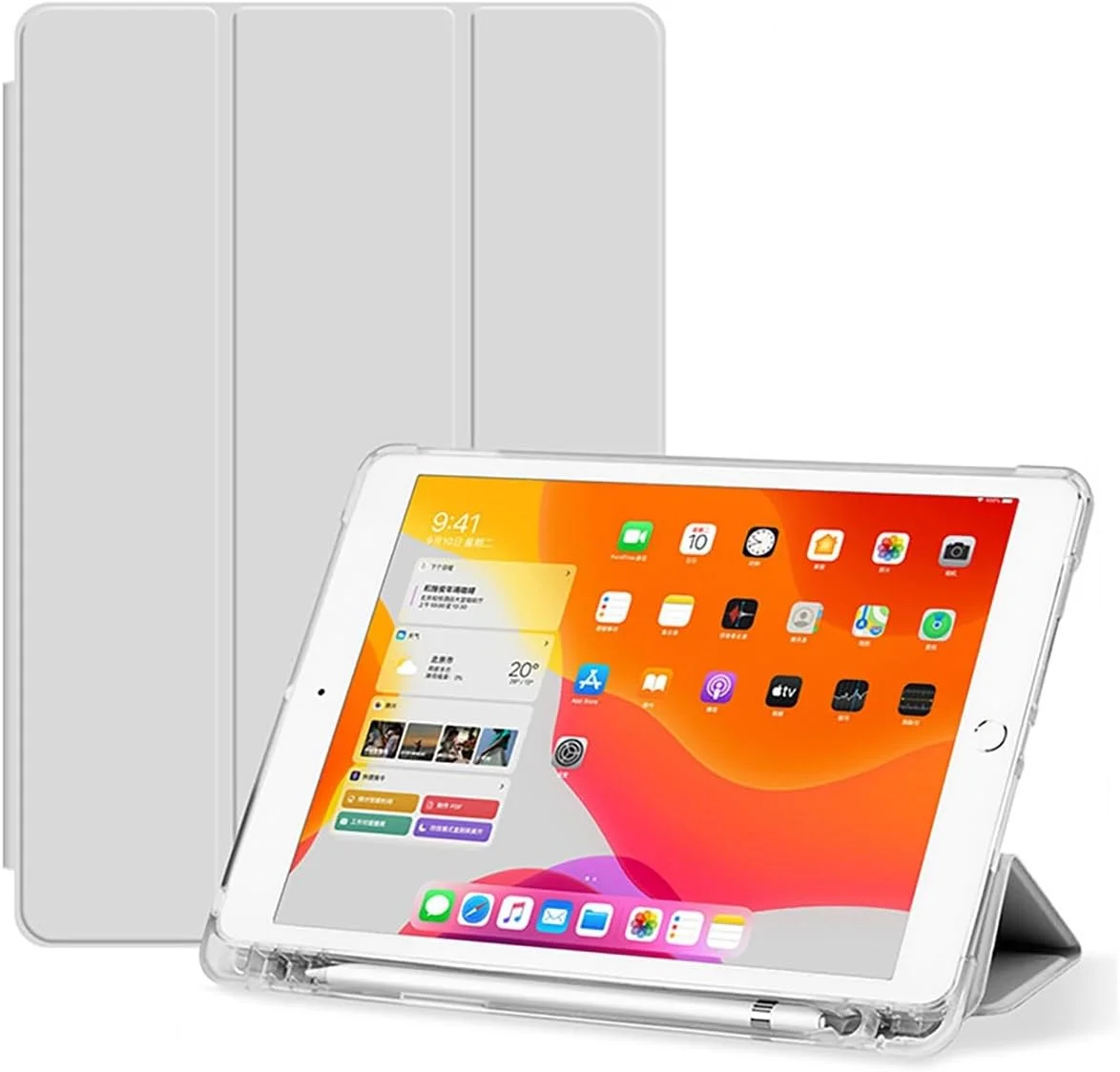 کیف تبلت سازگار با تبلت شیائومی Redmi Pad SE 11 اینچ 2023، کاور باریک TPU با قابلیت بیدار/خواب خودکار، کاور هوشمند با جای مداد، کاور ضد ضربه با محافظ پشتی شفاف (خاکستری)