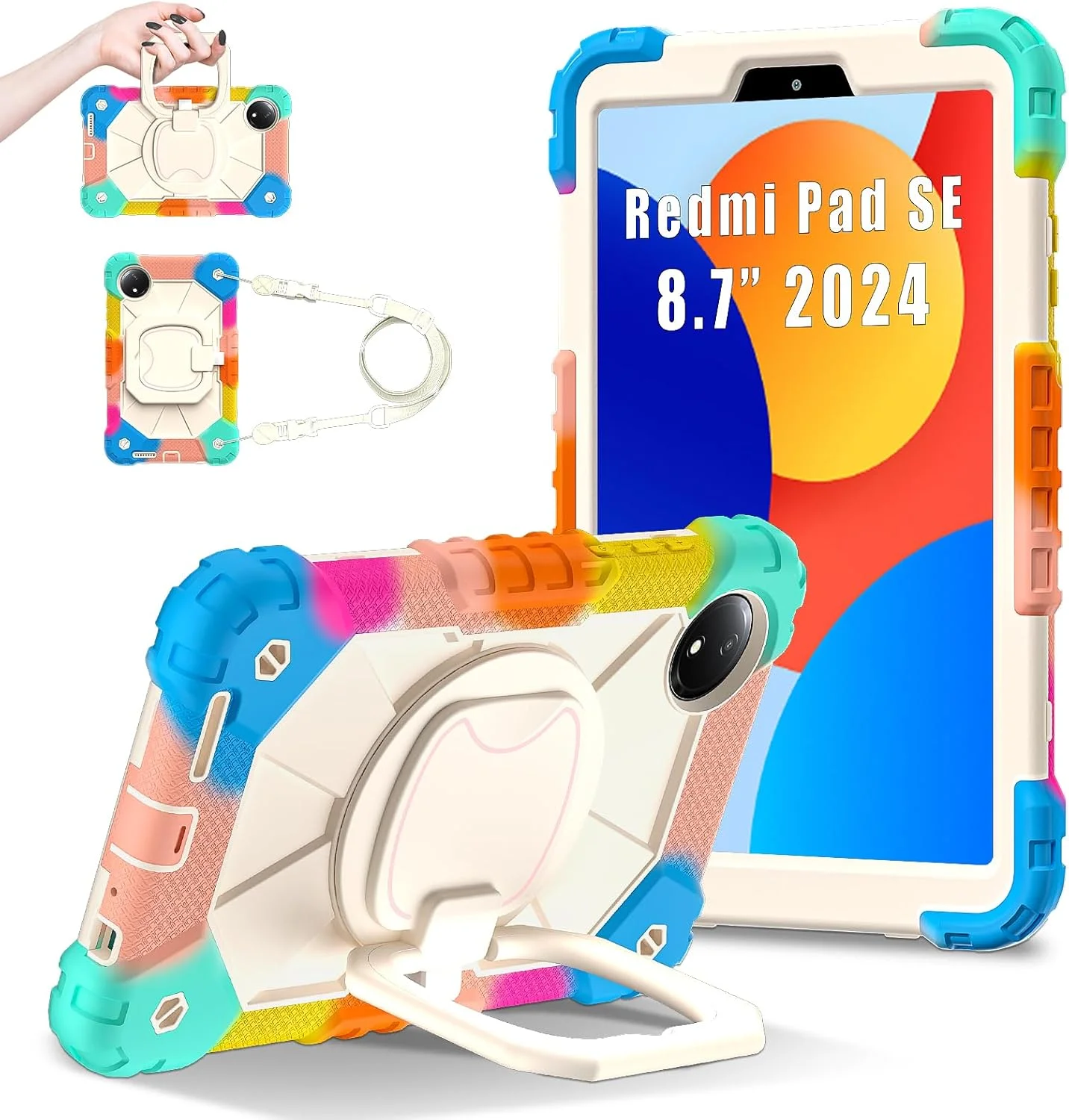 کیف تبلت رباتی بچگانه nincyee برای Xiaomi Redmi Pad SE 8.7 اینچ 2024، کاور سیلیکونی رنگین کمانی ضد ضربه 3 در 1 با جای مداد، بند شانه، پایه تاشو با حلقه چرخان