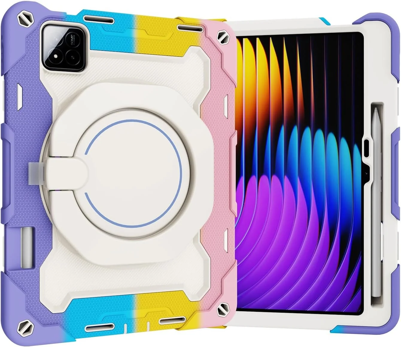 کاور تبلت کودکانه سازگار با شیائومی Redmi Pad7/Pad7 Pro 11.2 اینچ نسخه 2024، قاب با پایه چرخشی 360 درجه، محافظ سه لایه ضد ضربه، ضد سقوط، دارای بند شانه مناسب برای تبلت در منزل (رنگین کمان)