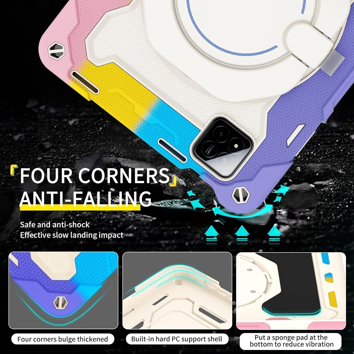 کاور تبلت کودکانه سازگار با شیائومی Redmi Pad7/Pad7 Pro 11.2 اینچ نسخه 2024، قاب با پایه چرخشی 360 درجه، محافظ سه لایه ضد ضربه، ضد سقوط، دارای بند شانه مناسب برای تبلت در منزل (رنگین کمان)