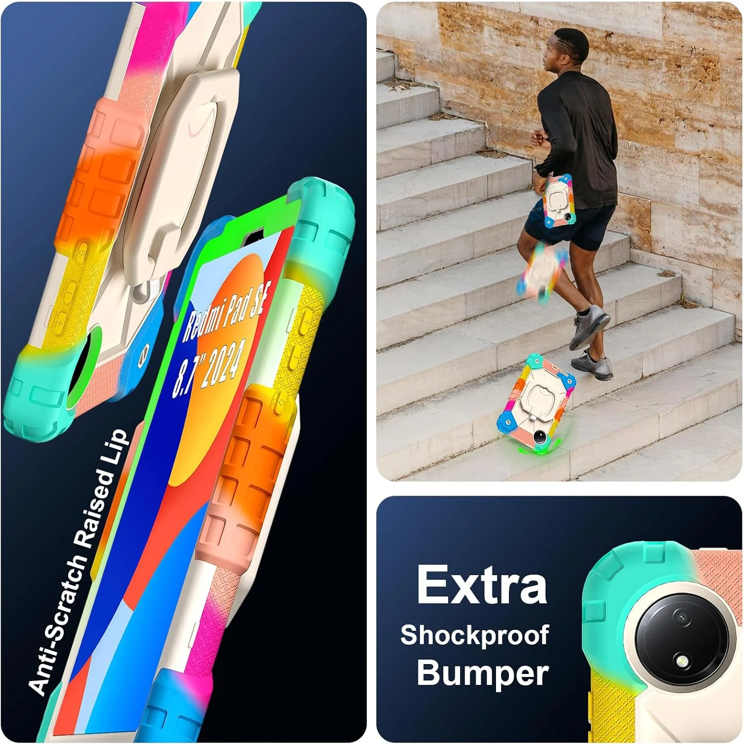 کیف تبلت رباتی بچگانه nincyee برای Xiaomi Redmi Pad SE 8.7 اینچ 2024، کاور سیلیکونی رنگین کمانی ضد ضربه 3 در 1 با جای مداد، بند شانه، پایه تاشو با حلقه چرخان