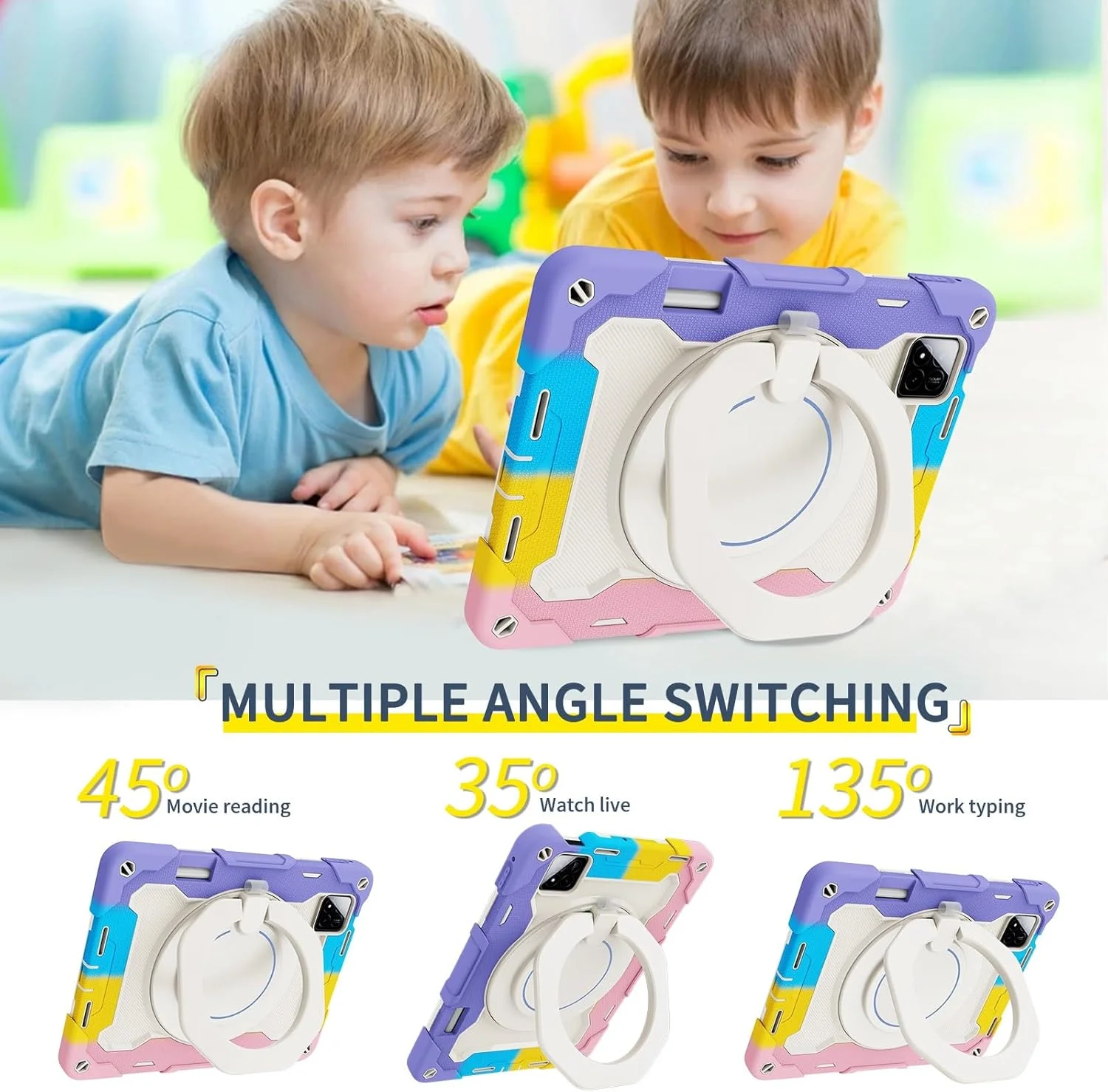 کاور تبلت کودکانه سازگار با شیائومی Redmi Pad7/Pad7 Pro 11.2 اینچ نسخه 2024، قاب با پایه چرخشی 360 درجه، محافظ سه لایه ضد ضربه، ضد سقوط، دارای بند شانه مناسب برای تبلت در منزل (رنگین کمان)