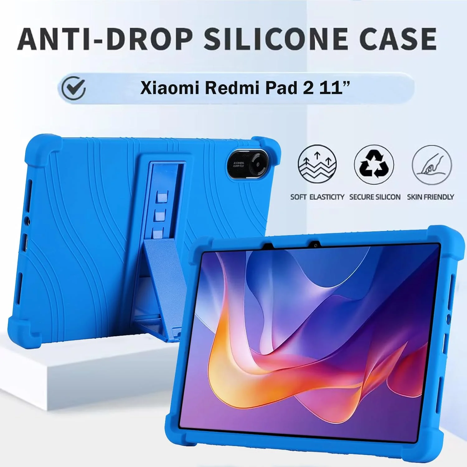 کاور تبلت KUSINHOKA برای شیائومی Redmi Pad 2 با اندازه 11 اینچ، کاور محافظ تبلت سیلیکونی نرم با پایه قابل تنظیم، ضد ضربه، ضد خش، آبی