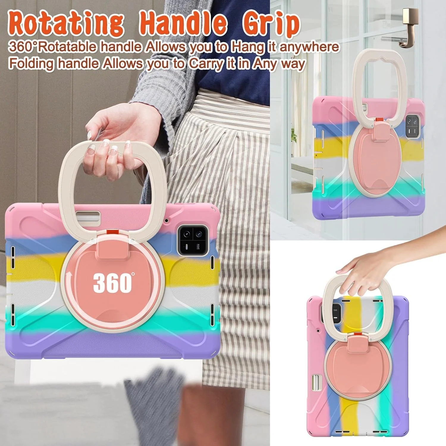 for Xiaomi Mi Pad 6/MiPad 6 Pro Tablet Case, Shockproof Silicone Protective Case with Stylus Holder & Kickstand, 360° Rotatable Handle Cover with Removable Shoulder Strap for MiPad (Colorful Pink)