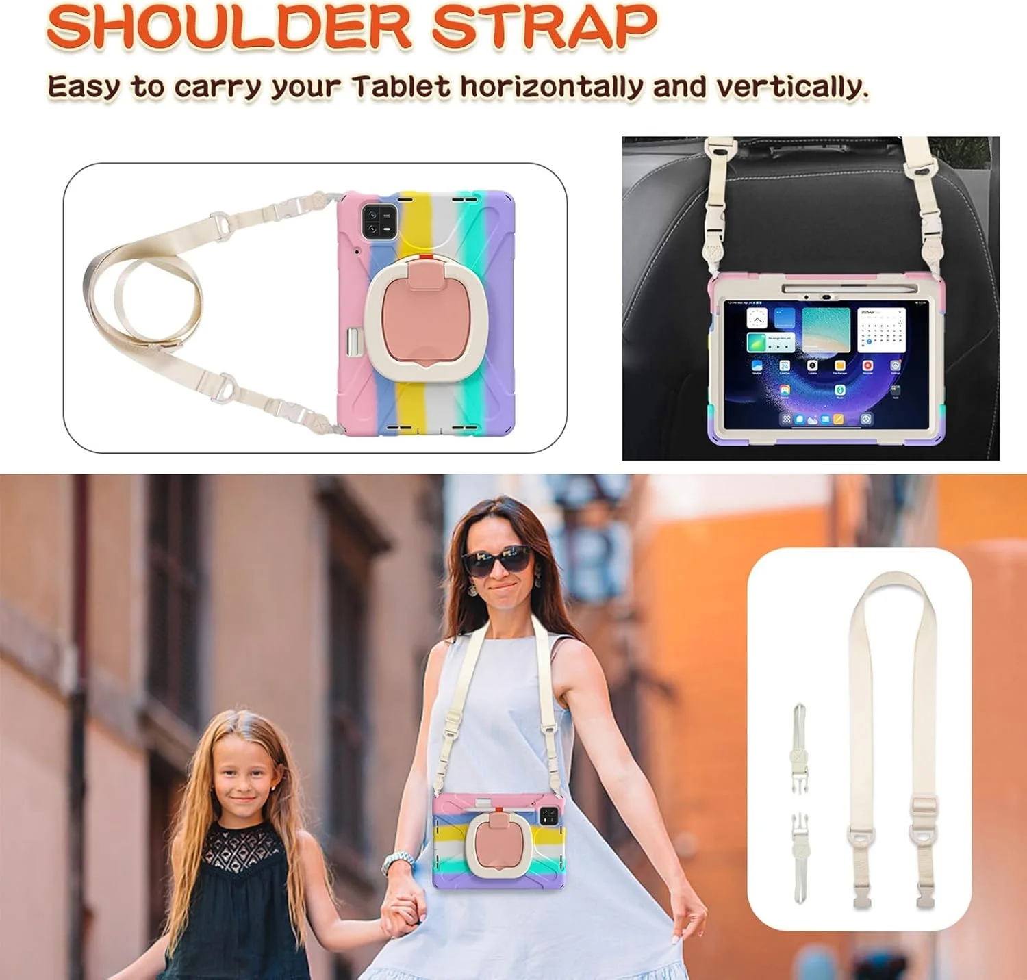 for Xiaomi Mi Pad 6/MiPad 6 Pro Tablet Case, Shockproof Silicone Protective Case with Stylus Holder & Kickstand, 360° Rotatable Handle Cover with Removable Shoulder Strap for MiPad (Colorful Pink)