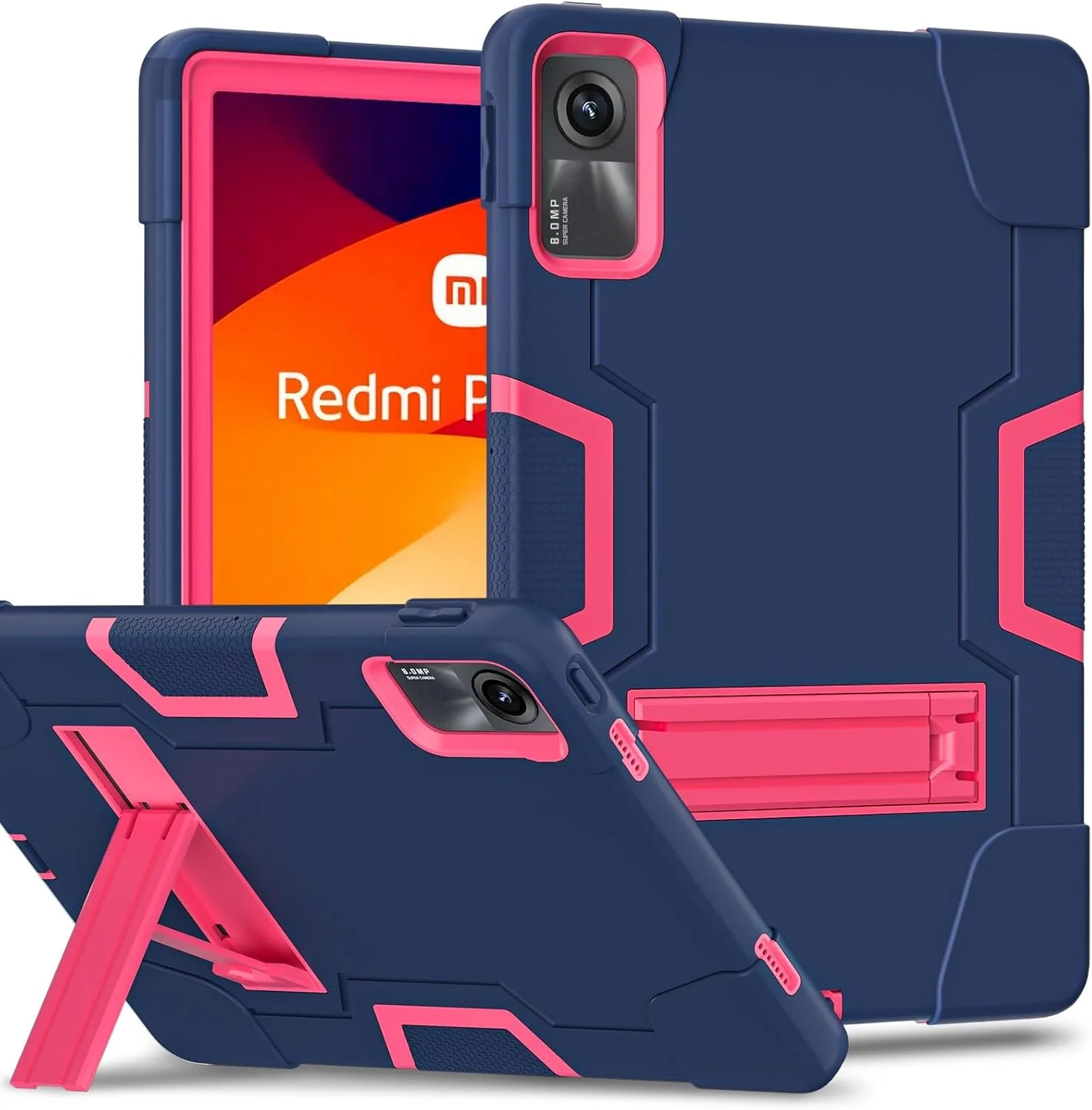 کاور سیلیکونی تبلت شیائومی Redmi Pad SE 11 اینچی (2023) مدل Gruattreay با پایه نگهدارنده، ضد ضربه و مقاوم (آبی تیره + صورتی)