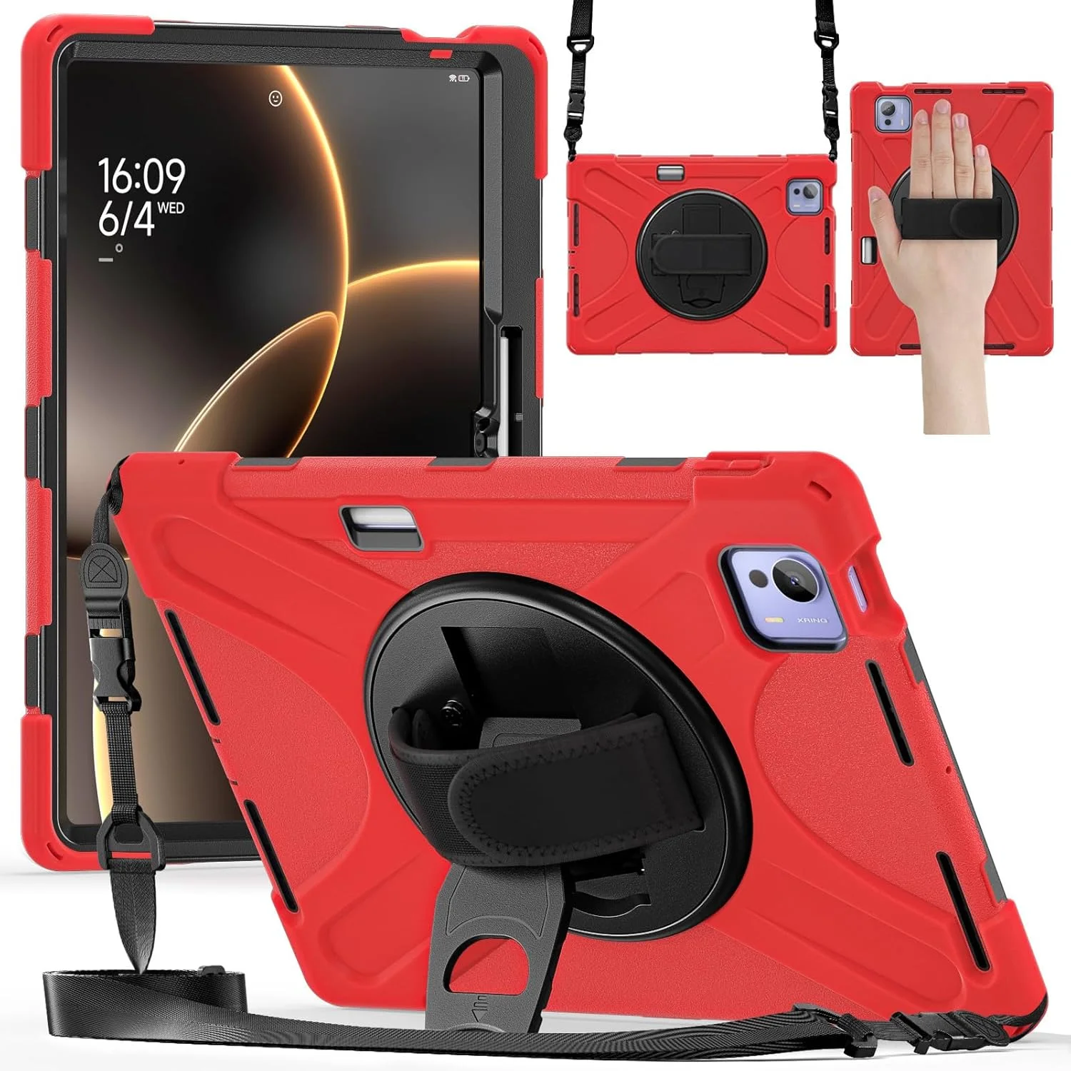 کاور ضد ضربه Gruattreay سازگار با تبلت شیائومی پد 7 اولترا 14 اینچ 2025، قاب تبلت مقاوم در برابر سقوط با پایه مخفی + بند دستی + بند شانه (قرمز)