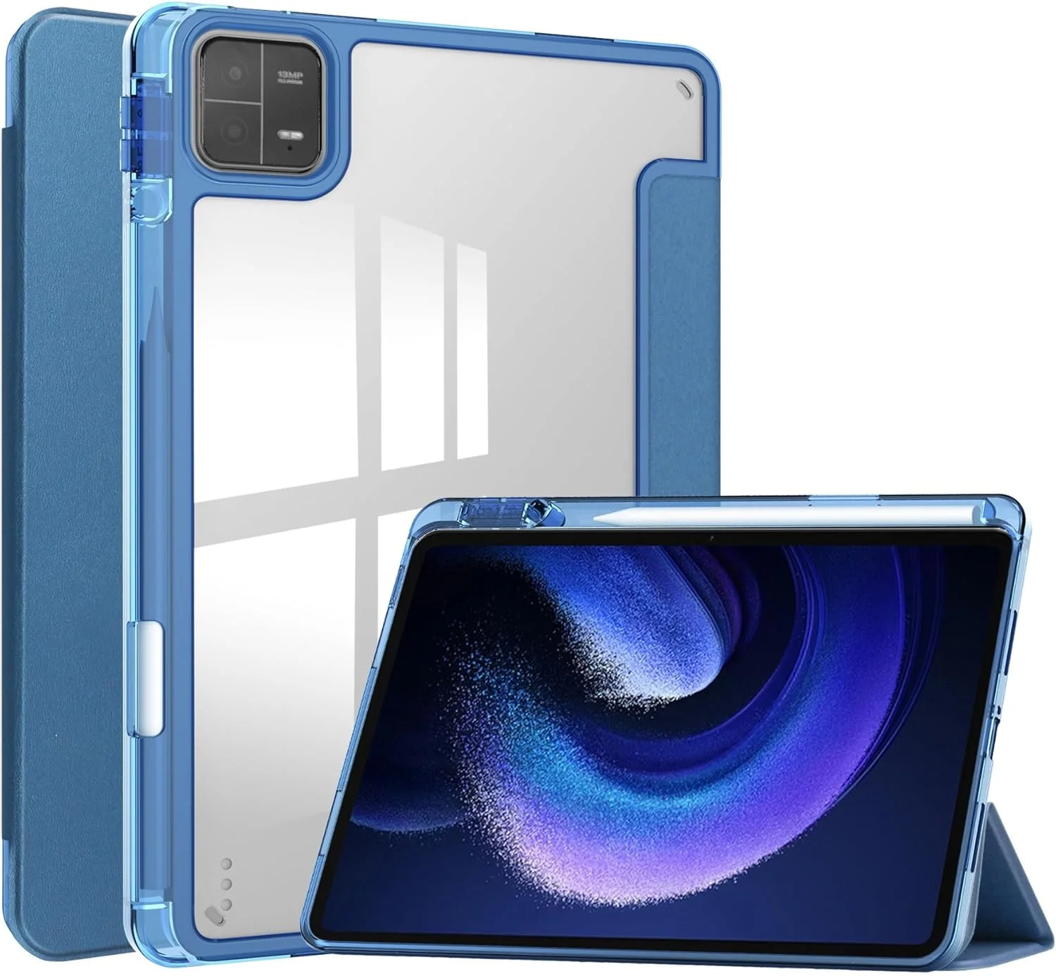 کاور هوشمند تاشو سازگار با تبلت شیائومی پد 6/پد 6 پرو 11 اینچ 2023، کاور پشتی شفاف باریک TPU با پایه و جای قلم، ضد ضربه، بیدار/خواب خودکار. آبی آسمانی