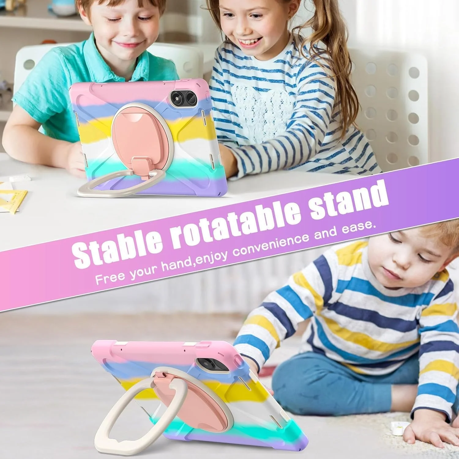 Gruattreay Case Compatible with Xiaomi POCO Pad 12.1-inch Tablet Case, Full-Body Shockproof Heavy Duty Protective Cover with 360° Swivel Ring Stand/Hand Grip/Shoulder Strap (Colourful Pink)