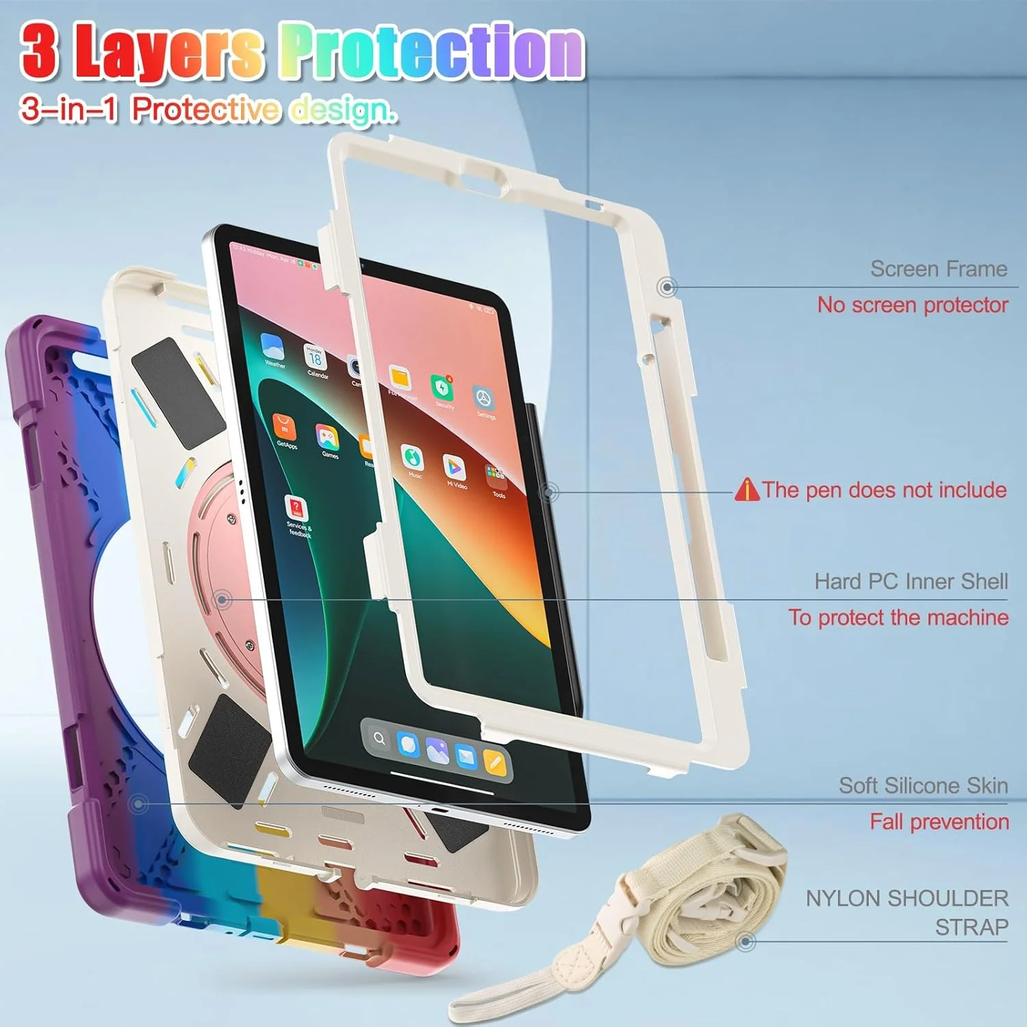 کیف تبلت مناسب برای Xiaomi Mi Pad 5/MiPad 5 Pro 11 اینچ 2021، کیف TPU بادوام و ضد ضربه کودکان، پایه نگهدارنده چند منظوره چرخان 360 درجه + بند شانه کیف تبلت مناسب برای Xiaomi Mi Pad 5/MiPad 5 Pro 11 اینچ 2021، کیف TPU بادوام و ضد ضربه کودکان، پایه نگهدارنده چند منظوره چرخان 360 درجه + بند شانه