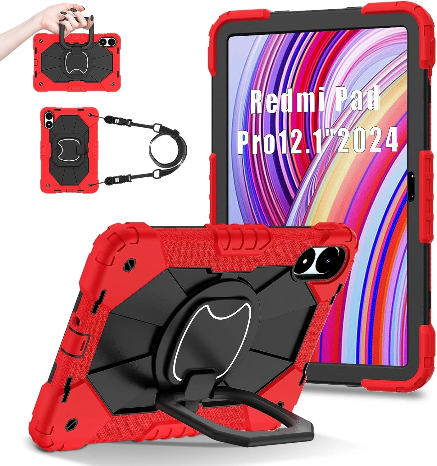 کیف تبلت مناسب برای Xiaomi Redmi Pad Pro 12.1"/Poco Pad 12.1"، کاور مقاوم در برابر ضربه با پایه چرخان 360 درجه + بند مچی + بند شانه ای محافظ کیف تبلت مناسب برای Xiaomi Redmi Pad Pro 12.1"/Poco Pad 12.1"، کاور مقاوم در برابر ضربه با پایه چرخان 360 درجه + بند مچی + بند شانه ای محافظ