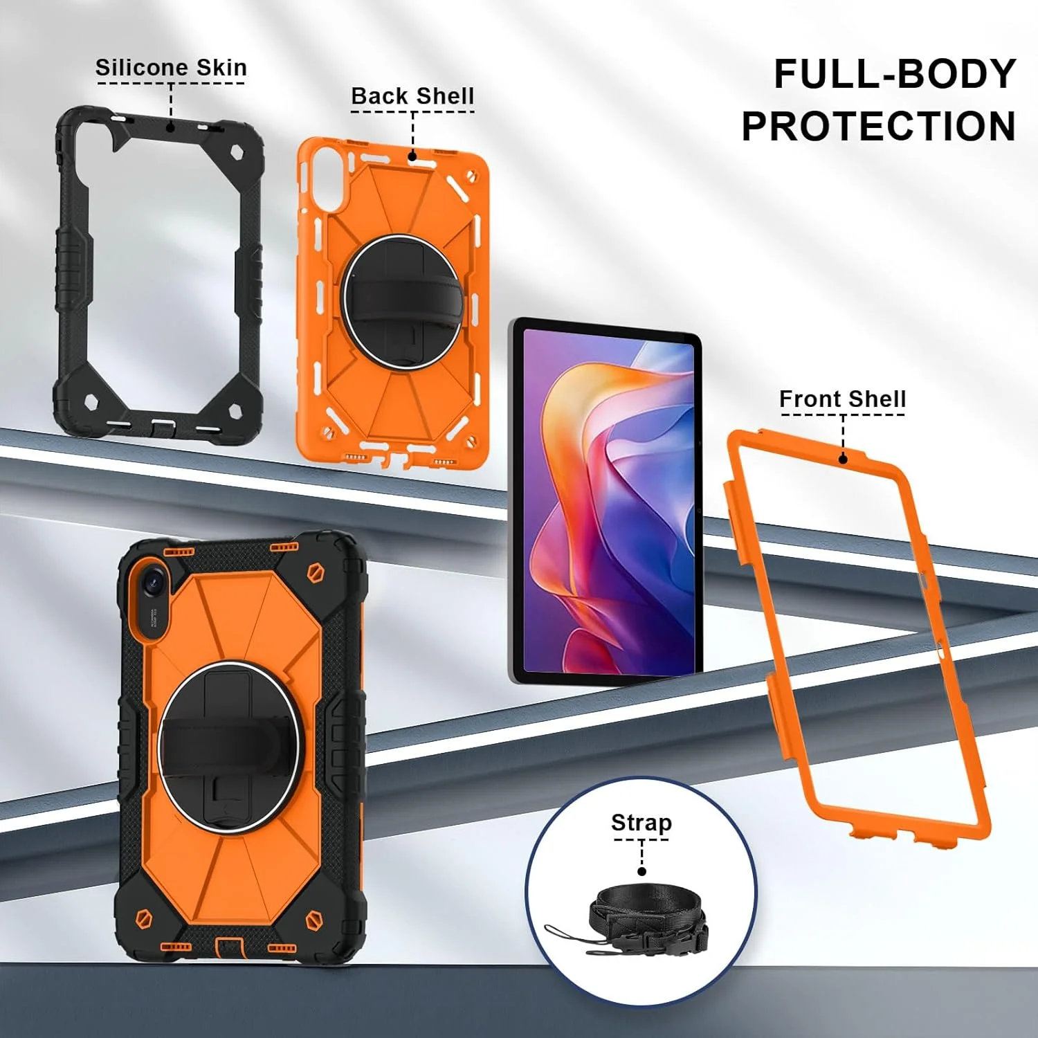 کاور مقاوم Gruattreay سازگار با تبلت شیائومی Redmi Pad 2 11 اینچی 2025، محافظت کامل بدنه از جنس PC+سیلیکون با پایه چرخان 360 درجه و بند دستی/بند شانه (نارنجی) کاور مقاوم Gruattreay سازگار با تبلت شیائومی Redmi Pad 2 11 اینچی 2025، محافظت کامل بدنه از جنس PC+سیلیکون با پایه چرخان 360 درجه و بند دستی/بند شانه (نارنجی)