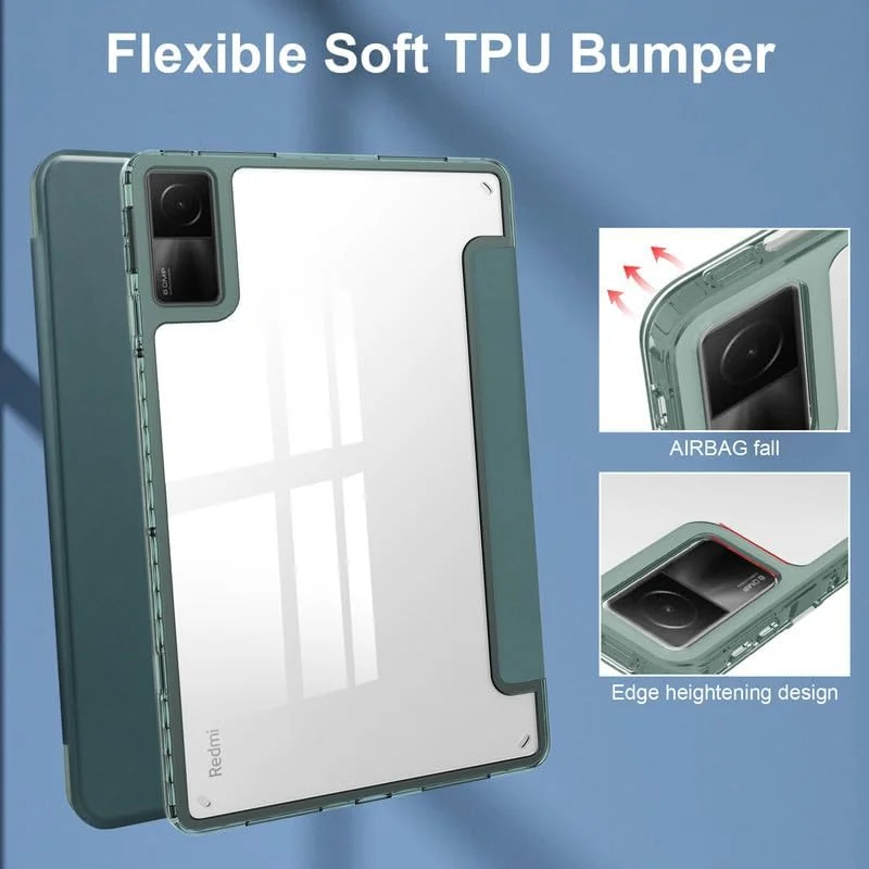 کاور تبلت نیکاکیو برای شیائومی Redmi Pad 10.61 اینچ 2022، پشت شفاف، کاور هوشمند، استند سه تایی چرمی PU، خواب/بیدار شدن خودکار، کاور محافظ سبک وزن، سبز