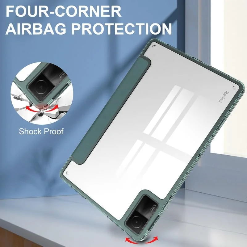 کاور تبلت نیکاکیو برای شیائومی Redmi Pad 10.61 اینچ 2022، پشت شفاف، کاور هوشمند، استند سه تایی چرمی PU، خواب/بیدار شدن خودکار، کاور محافظ سبک وزن، سبز