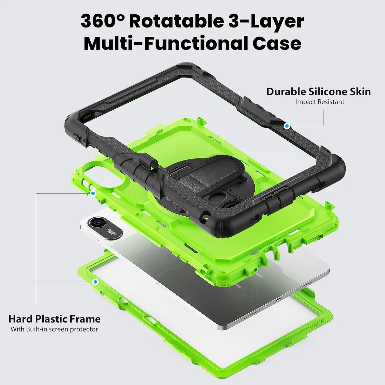 محافظ تبلت برای شیائومی Redmi Pad 2 11 اینچ 2025 به همراه محافظ صفحه نمایش، قاب مقاوم در برابر ضربه با [پایه تاشو] و [بند شانه]، دارای بند چرخشی 360 درجه برای دست و شانه (زرد)