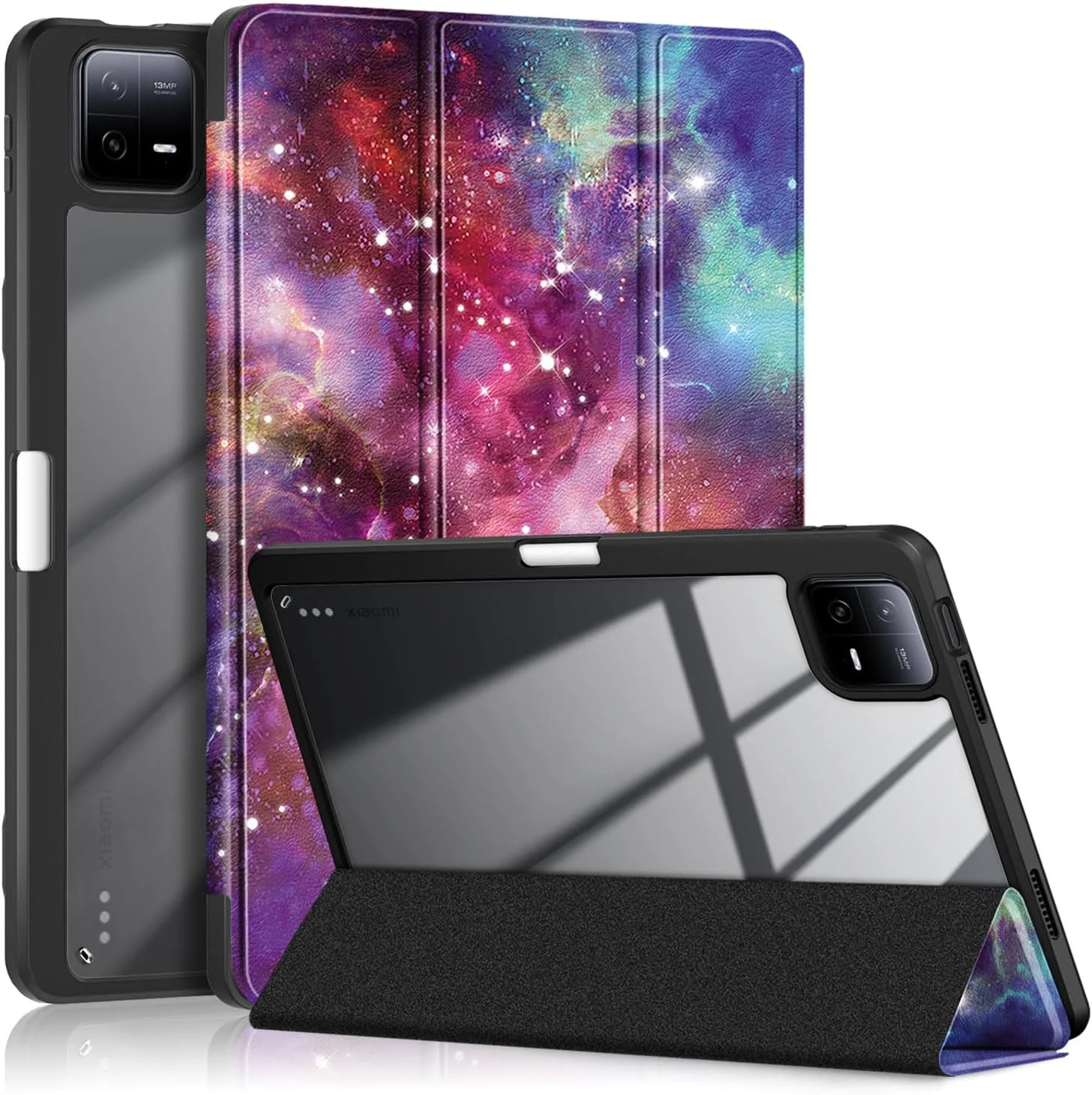 کاور تبلت شیائومی پد 6/پد 6 پرو 11 اینچی 2023 تاپ کیس، دارای جای قلم، پشت PC شفاف، TPU ضد ضربه، سه تایی تاشو، محافظ با قابلیت بیدار/خواب خودکار، طرح کهکشانی