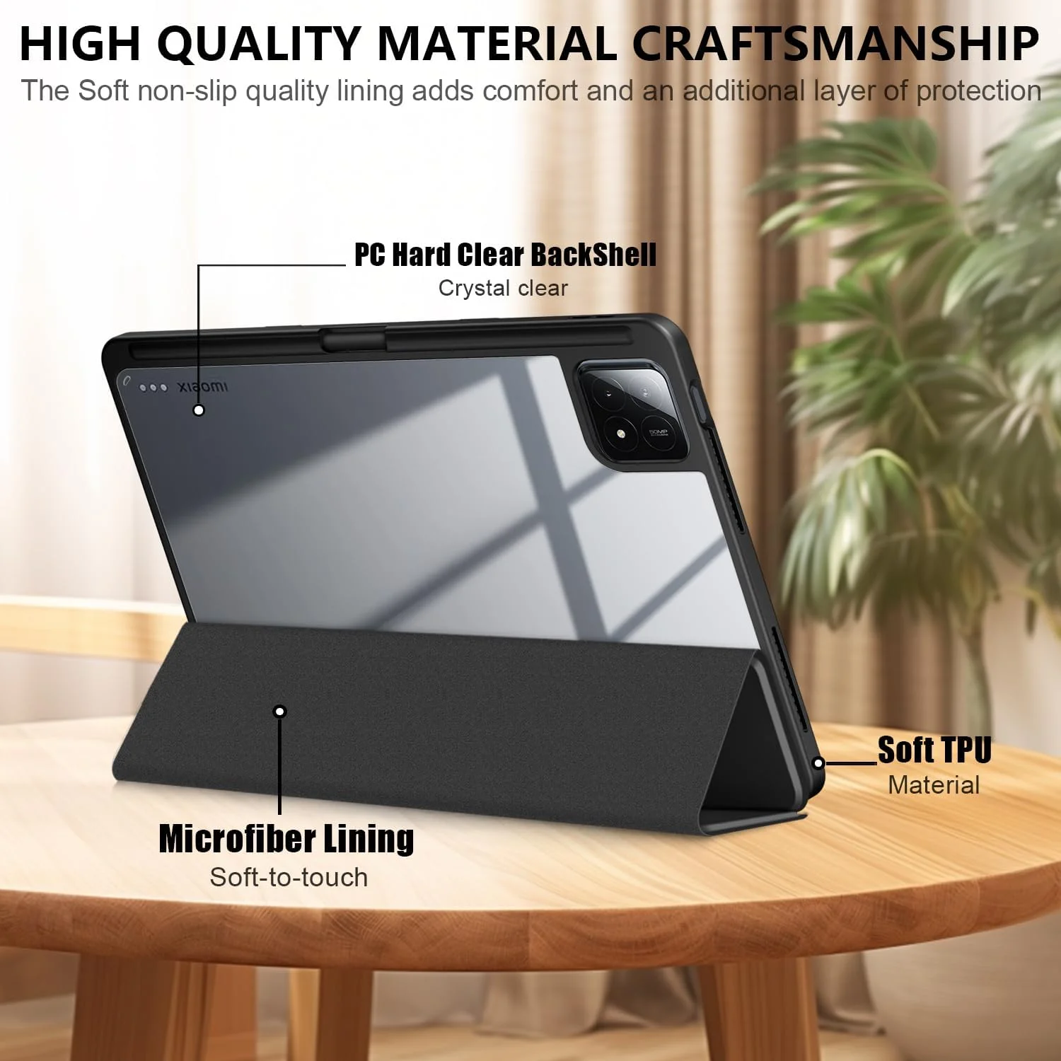 کاور یرنو مناسب برای تبلت شیائومی پد 6S Pro 12.4 اینچ 2024، کاور محافظ فوق العاده نازک با پشت شفاف و عملکرد خواب/بیدار شدن خودکار، مشکی