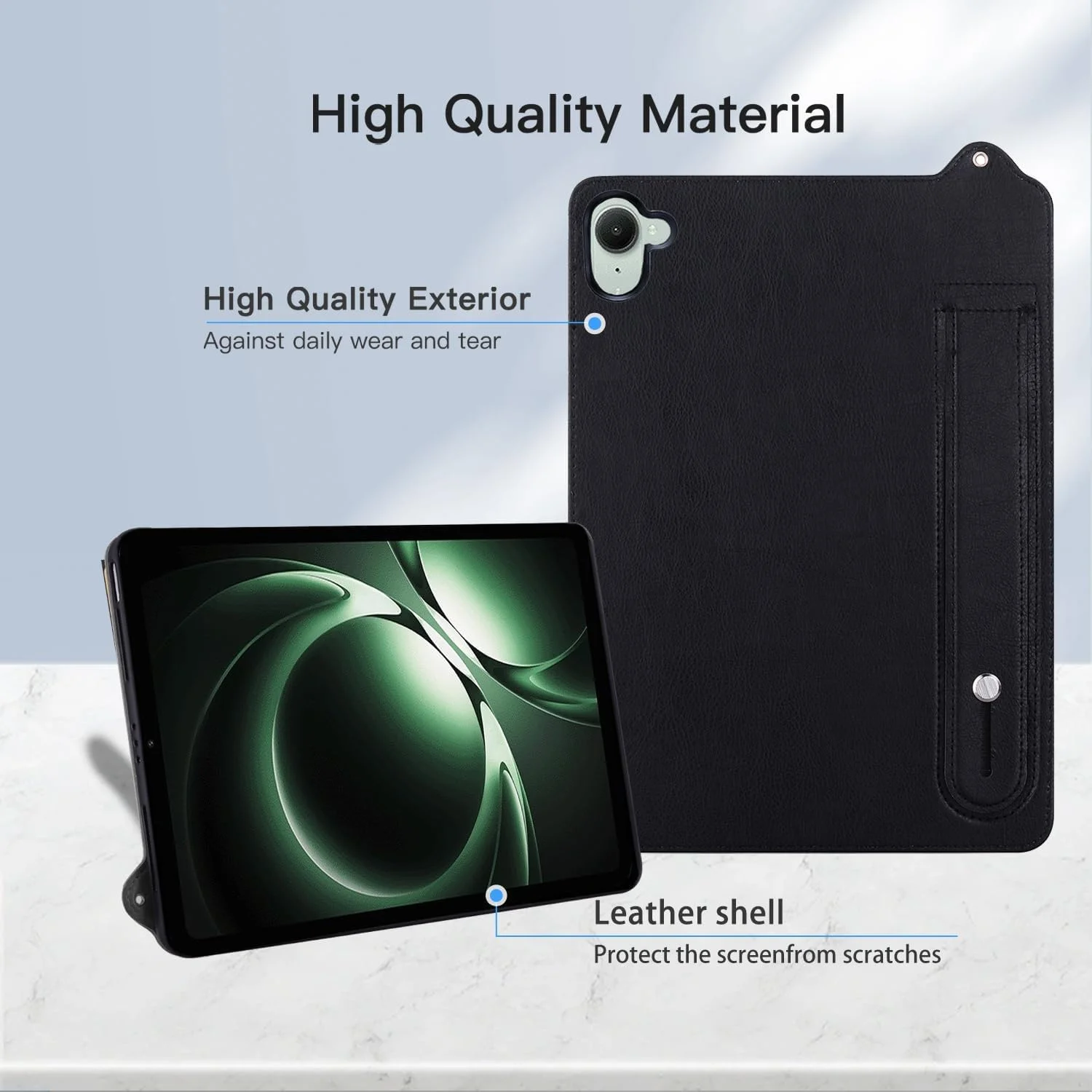 کاور گروتری سازگار با تبلت شیائومی Redmi K Pad 8.8 اینچ 2025، کاور پشتی مقاوم در برابر ضربه از جنس TPU انعطاف پذیر + چرم PU برای قاب Redmi K Pad به همراه بند نگهدارنده (مشکی)