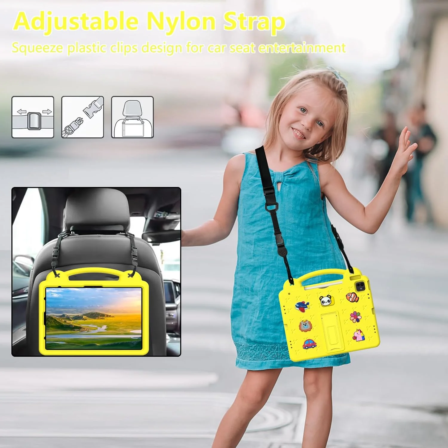 AKABEILA Tablet Case for Xiaomi Redmi Pad SE 8.7 4G 2024 Cute Case Kids Shockproof Protective with Shoulder Strap Handle Stand Yellow