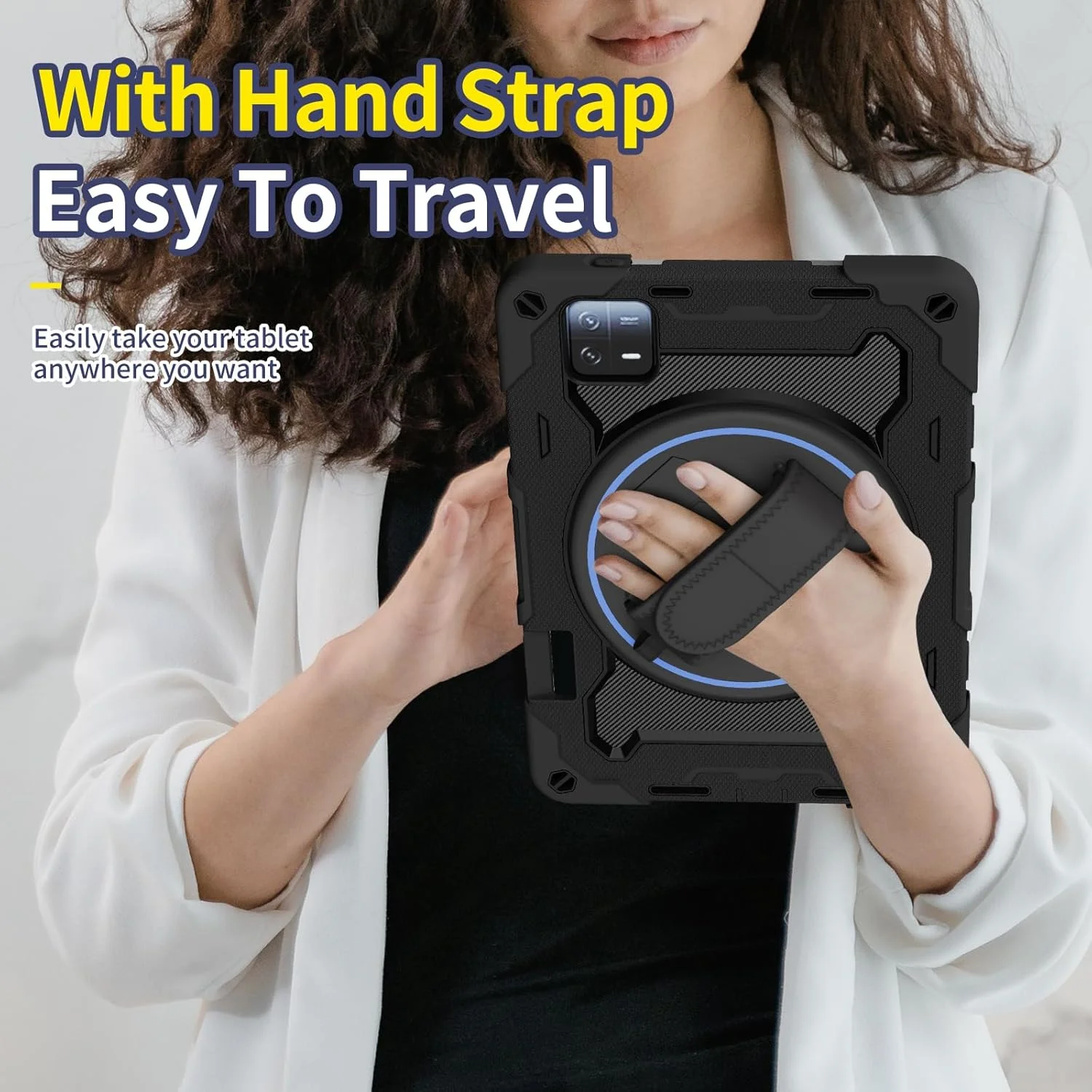 کیف تبلت موداسانکی برای شیائومی می پد 6 / می پد 6 پرو با نگهدارنده قلم، براکت چند زاویه ای + بند دستی چرخان 360 درجه قابل تنظیم، پوسته مقاوم در برابر شکستگی سه در یک، ضد ضربه، بند شانه (مشکی)