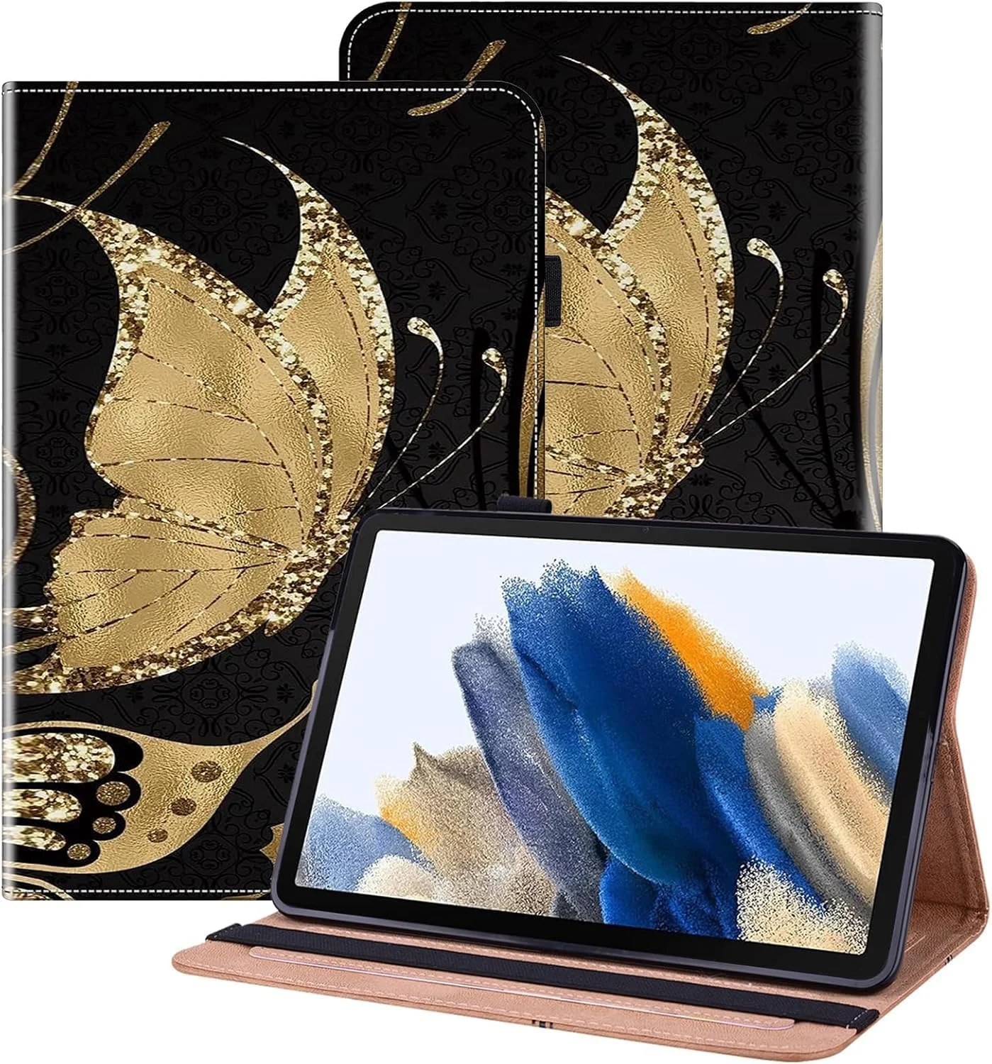 کیف محافظ تبلت شیائومی پد 7/پد 7 پرو 11.2 اینچ 2024، کیف چرمی PU با جای قلم، جای کارت، عملکرد استند، کیف تاشو برای تبلت شیائومی پد 7 پرو، طرح پروانه طلایی