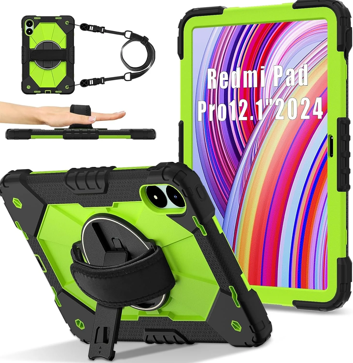 کیف تبلت مسافرتی سازگار با تبلت شیائومی Redmi Pad Pro 12.1 اینچ / Poco Pad 12.1 اینچ، کیف محافظ کامل ضد ضربه، دسته چند منظوره چرخان 360 درجه + بند شانه