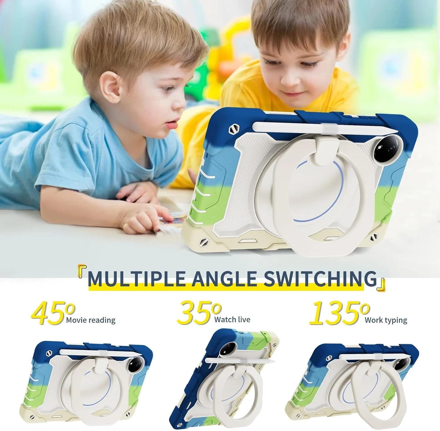 کاور تبلت کودکانه سازگار با شیائومی Redmi Pad SE 8.7 اینچ (عرضه شده در سال 2024)، کاور با پایه چرخشی 360 درجه و دسته، بدنه سه لایه مقاوم در برابر شکستگی، ضد ضربه، دارای بند شانه سازگار با Redmi