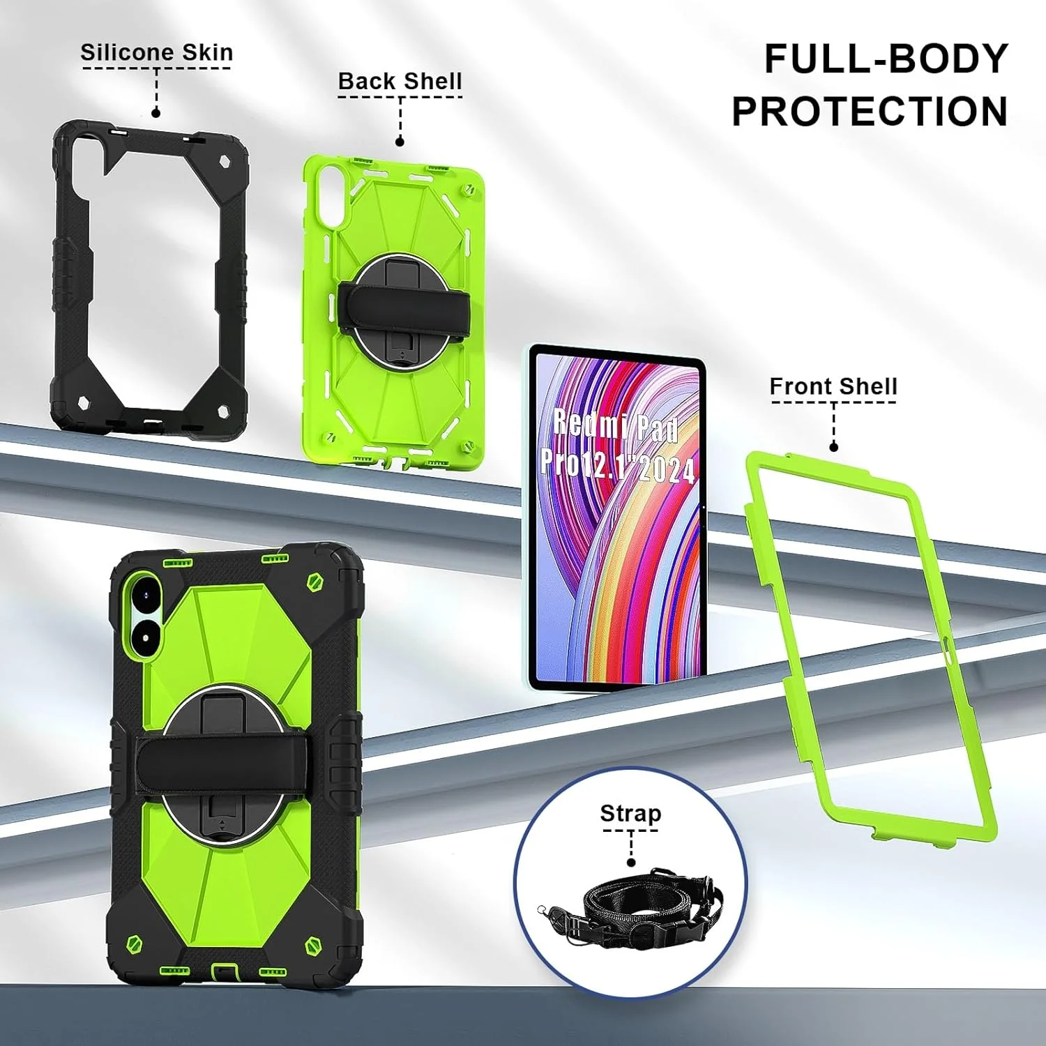 کیف تبلت مسافرتی سازگار با تبلت شیائومی Redmi Pad Pro 12.1 اینچ / Poco Pad 12.1 اینچ، کیف محافظ کامل ضد ضربه، دسته چند منظوره چرخان 360 درجه + بند شانه