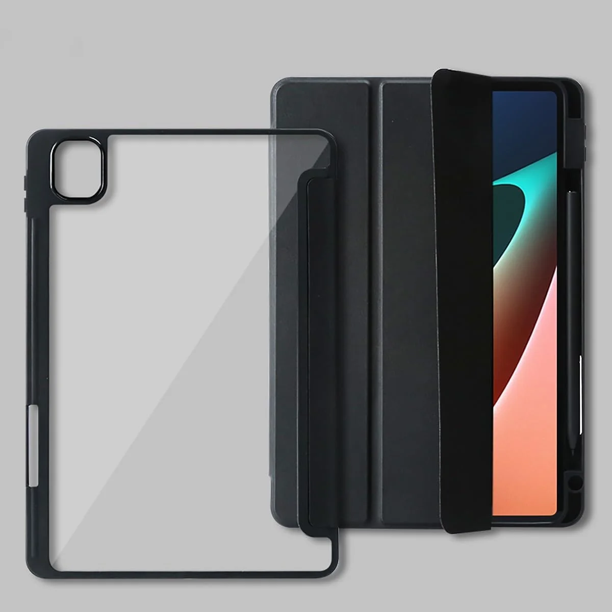 کاور تبلت هوشمند سه تایی سازگار با شیائومی Mi Pad 5 Pro 12.4 اینچ به همراه جای قلم، قاب پشتی شفاف، استند باریک، کاور TPU ضد ضربه کاور تبلت هوشمند سه تایی سازگار با شیائومی Mi Pad 5 Pro 12.4 اینچ به همراه جای قلم، قاب پشتی شفاف، استند باریک، کاور TPU ضد ضربه