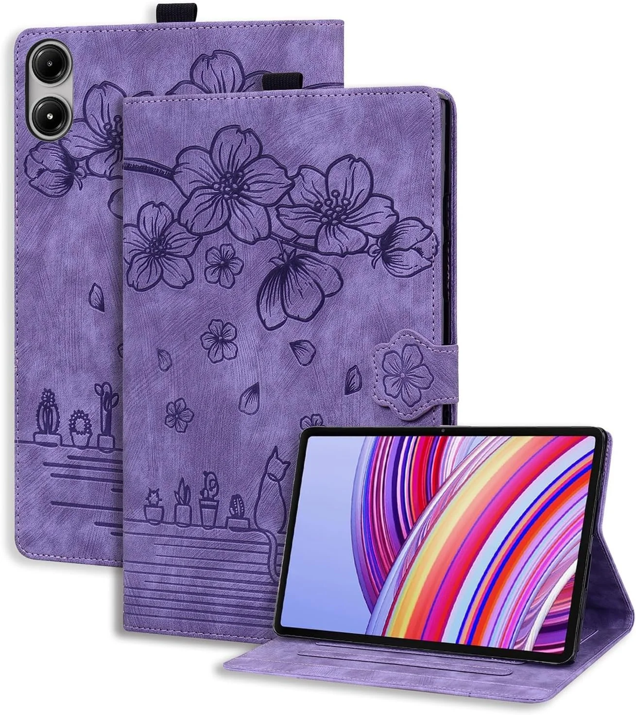 کیف تبلت SLLMYYX سازگار با شیائومی ردمی پد پرو/شیائومی پوکو پد 12.1 اینچ (نسخه 2024)، طرح گربه شکوفه گیلاس، جلد هوشمند چرمی PU با قابلیت استند (بنفش)