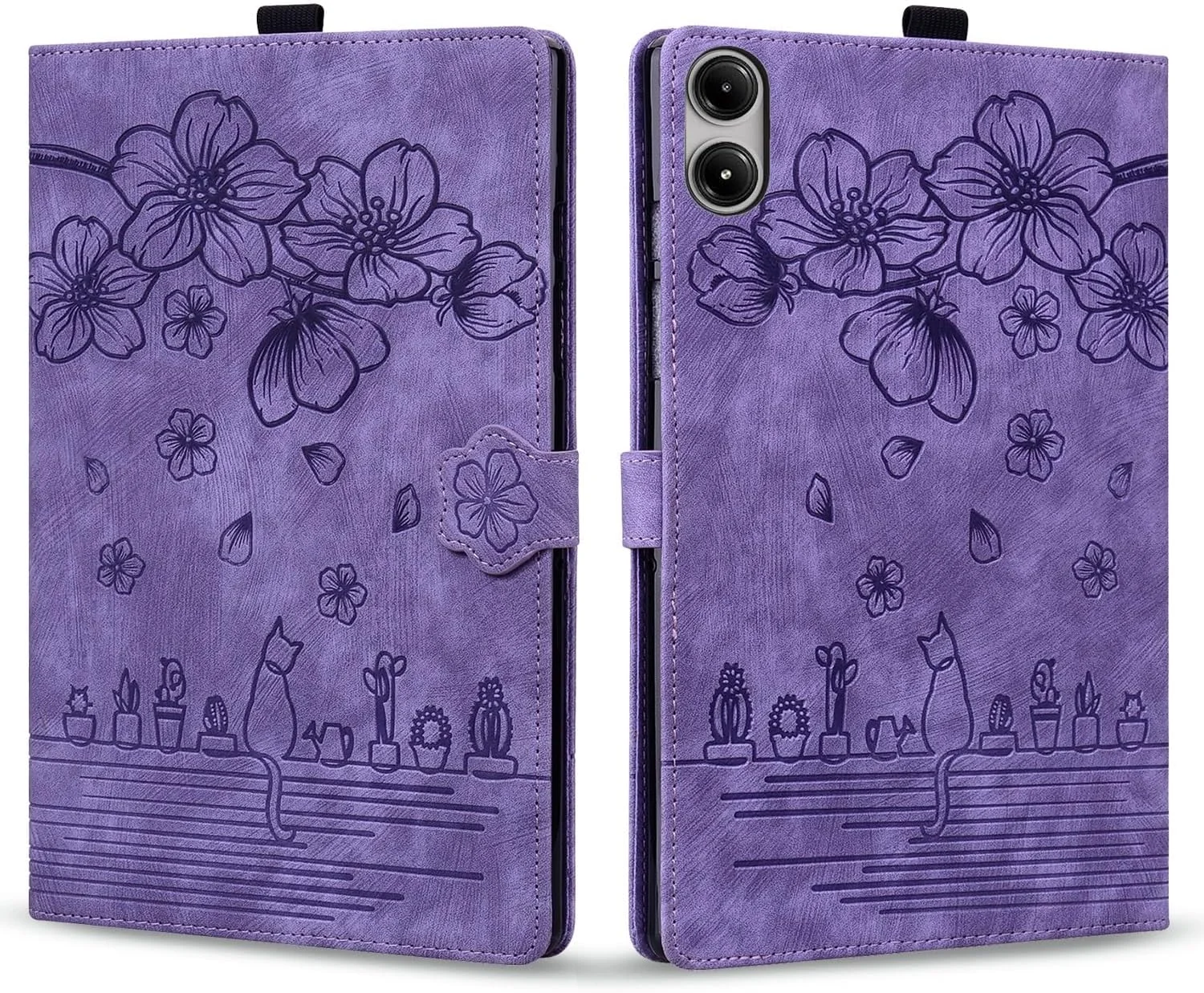 کیف تبلت SLLMYYX سازگار با شیائومی ردمی پد پرو/شیائومی پوکو پد 12.1 اینچ (نسخه 2024)، طرح گربه شکوفه گیلاس، جلد هوشمند چرمی PU با قابلیت استند (بنفش)