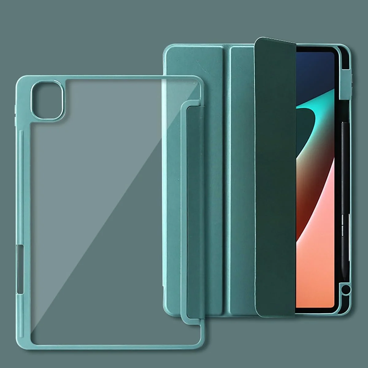 کاور تبلت هوشمند سه تایی برای شیائومی می پد 5/می پد 5 پرو 11 اینچ 2021، با جای مداد، قاب پشتی شفاف، باریک، ضد ضربه، روکش TPU، بیدار/خواب خودکار (سبز)