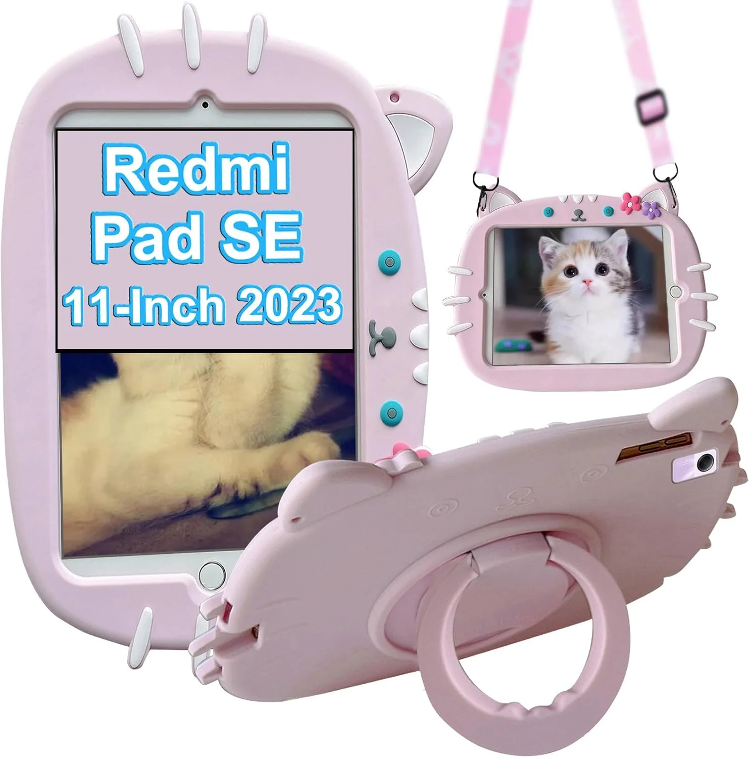 کیف محافظ کودکانه زومال سازگار با شیائومی ردمی پد اس ای 11 اینچ (2023) کاور محافظ ضد ضربه [دسته چرخان 360 درجه] [پایه تاشو] [بند شانه ای]، طرح گربه