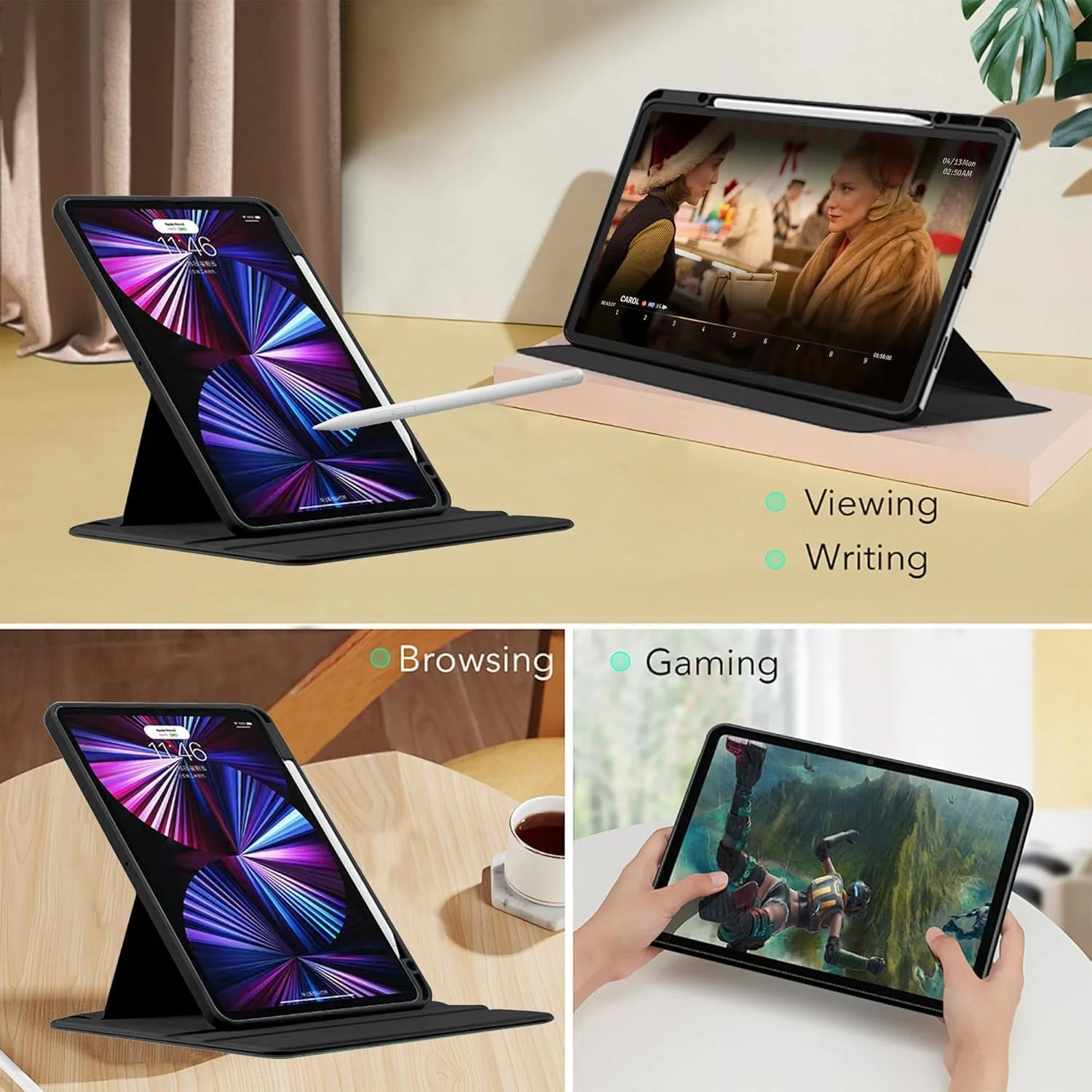 کاور چرمی PU برای شیائومی ردمی پد پرو/شیائومی پوکو پد، کاور محافظ تبلت، چرم PU + قاب اکریلیک شفاف، با پایه چرخان/جای قلم، پایه باریک برای ردمی پد 12.1 اینچ، مشکی