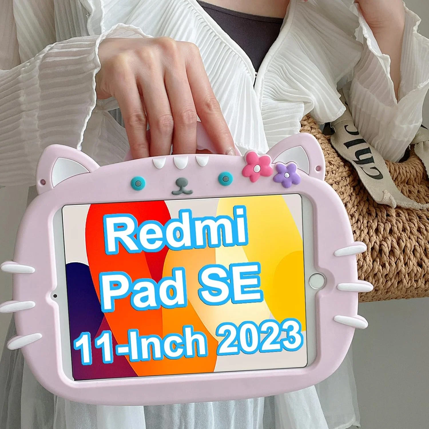 کیف محافظ کودکانه زومال سازگار با شیائومی ردمی پد اس ای 11 اینچ (2023) کاور محافظ ضد ضربه [دسته چرخان 360 درجه] [پایه تاشو] [بند شانه ای]، طرح گربه