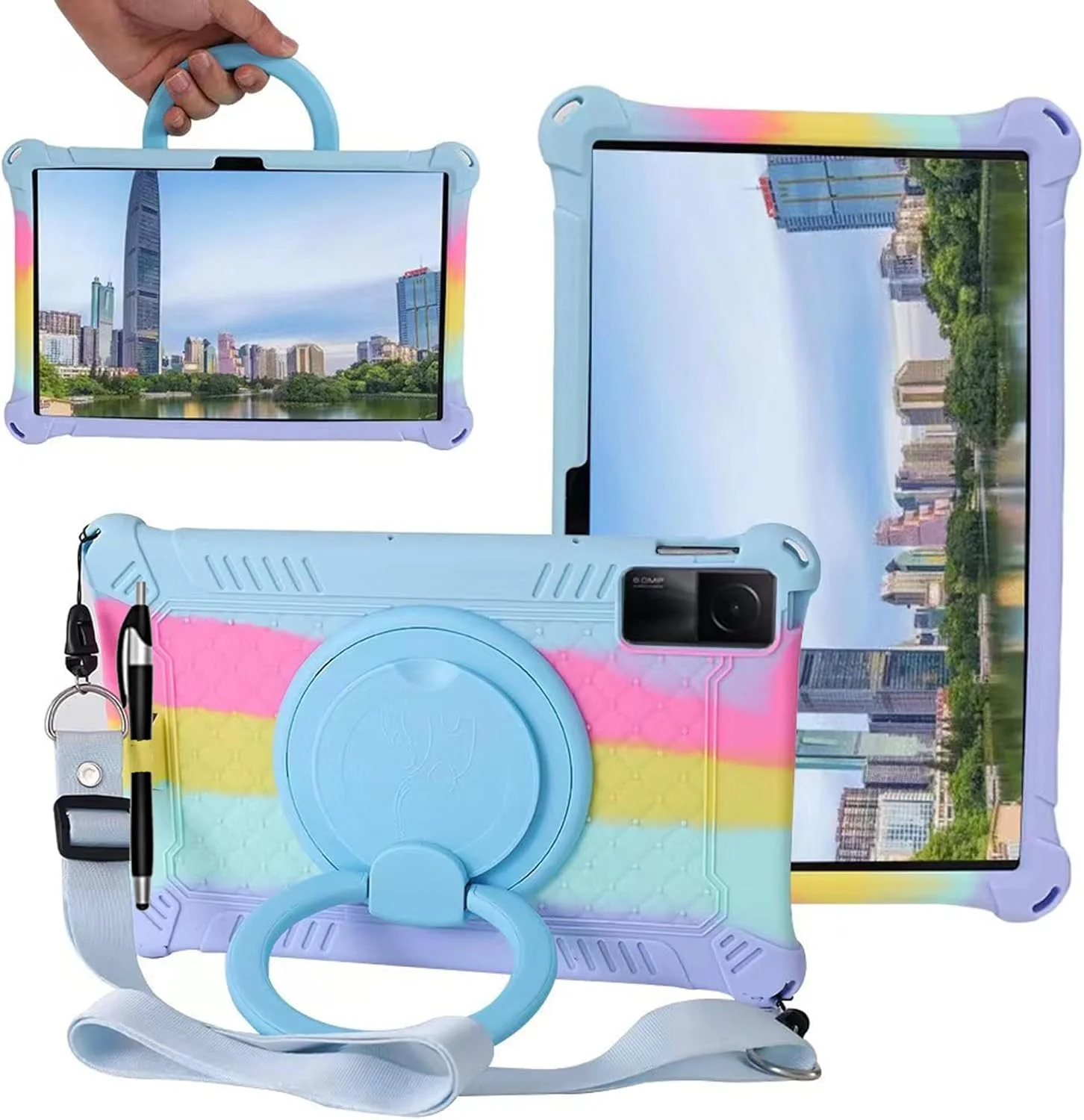 کیف تبلت ALHBEJT برای شیائومی Redmi Pad 10.6 اینچ 2022، کیف سیلیکونی نرم ضد استرس با پایه چرخان/نگهدارنده مداد/بند شانه/قلم برای Redmi Pad 10.6 اینچ (آبی روشن رنگارنگ)